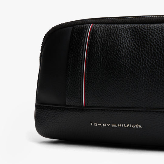 Tommy Hilfiger CENTRAL WASHBAG Mens Washbag Black detail view showing logo and texture.