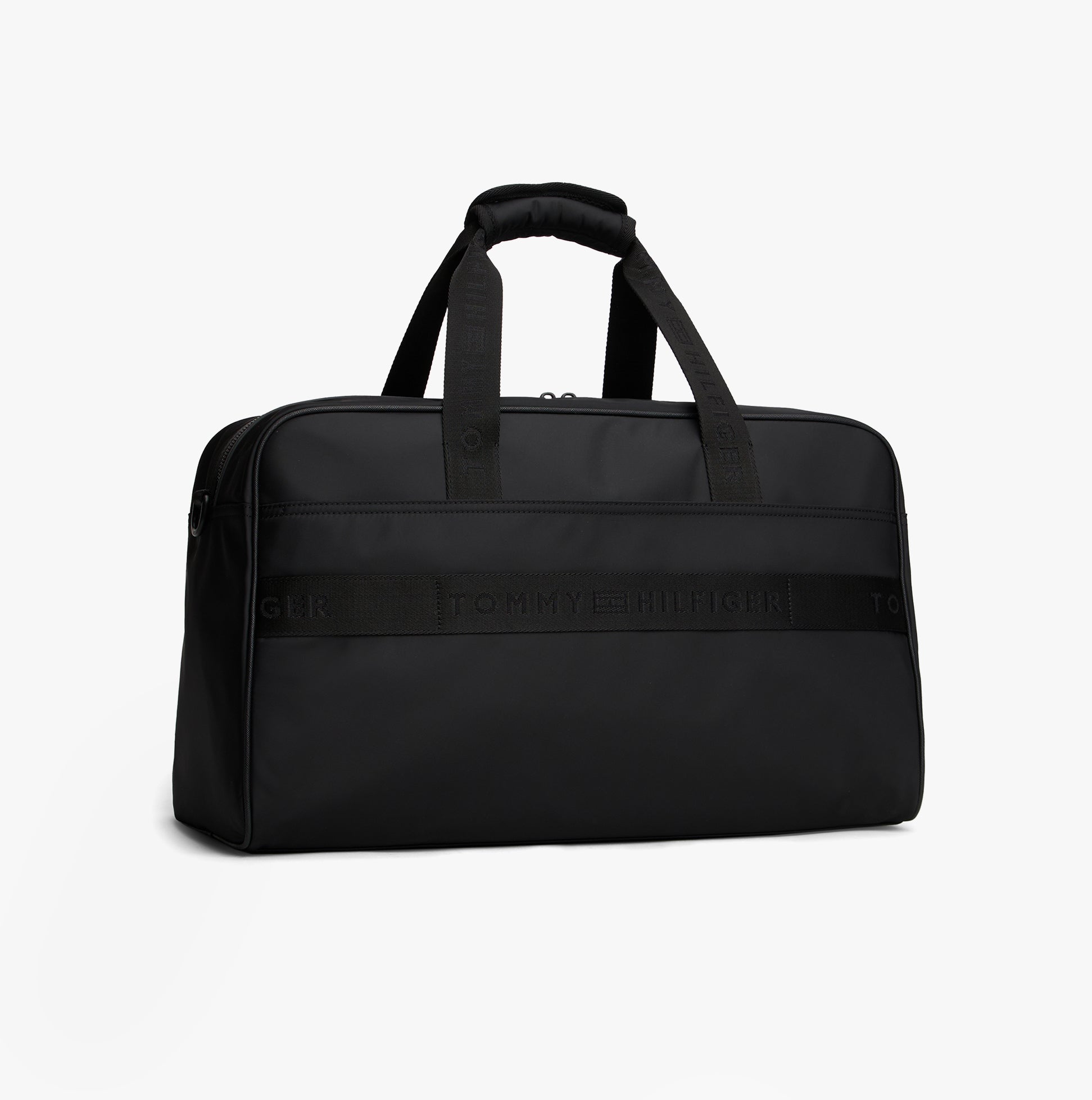 Tommy Hilfiger REPREVE DUFFLE Mens Duffle Bag Black front view with zip closure and polyester material.
