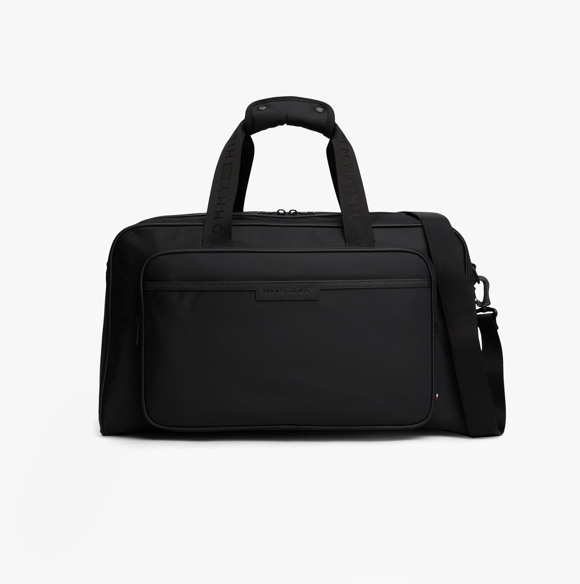 Tommy Hilfiger REPREVE DUFFLE Mens Duffle Bag Black front view with zip closure and adjustable strap