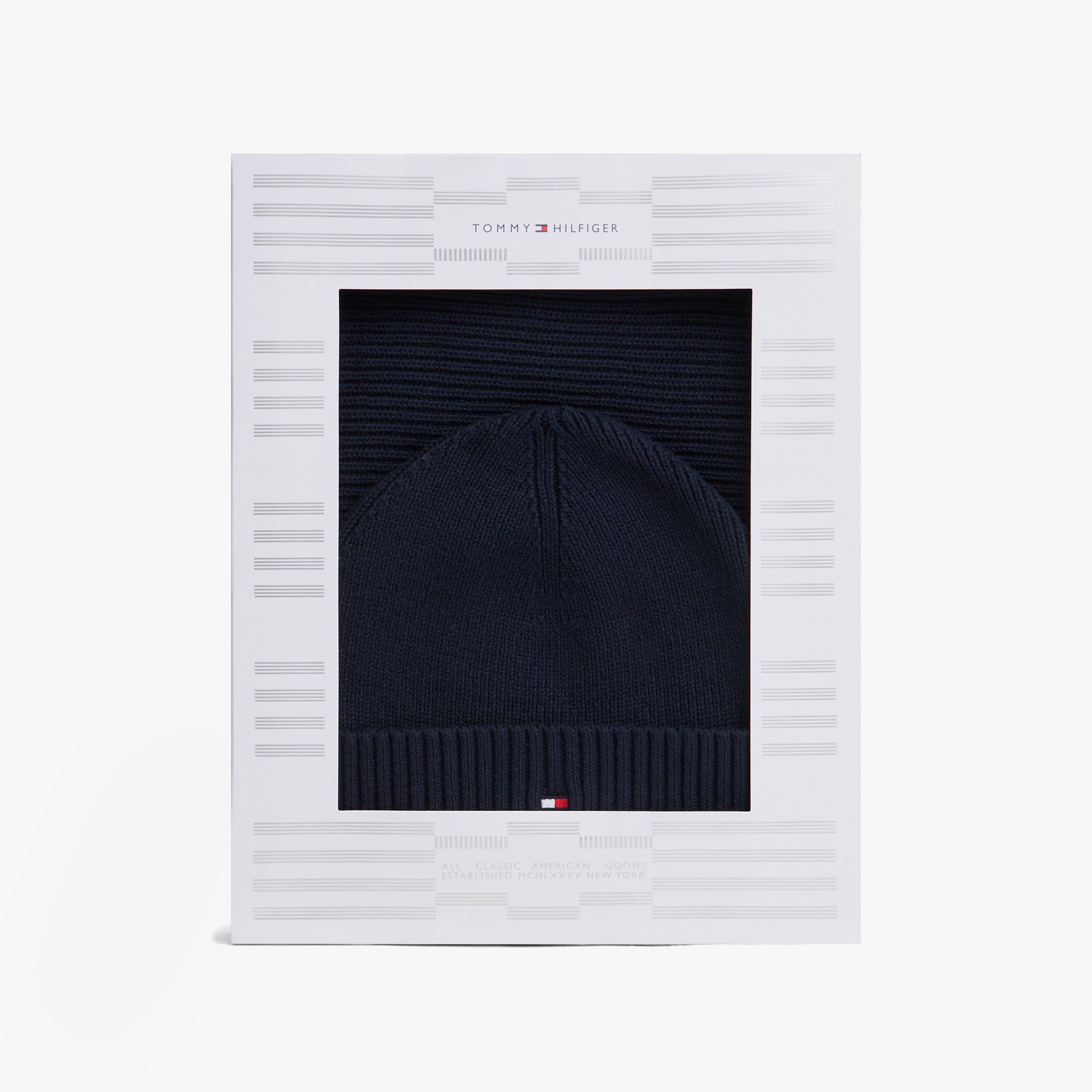 Tommy Hilfiger AM0AM13807 TH FLAG BEANIE & SCA Mens Beanie Space Bluee in gift box front view.