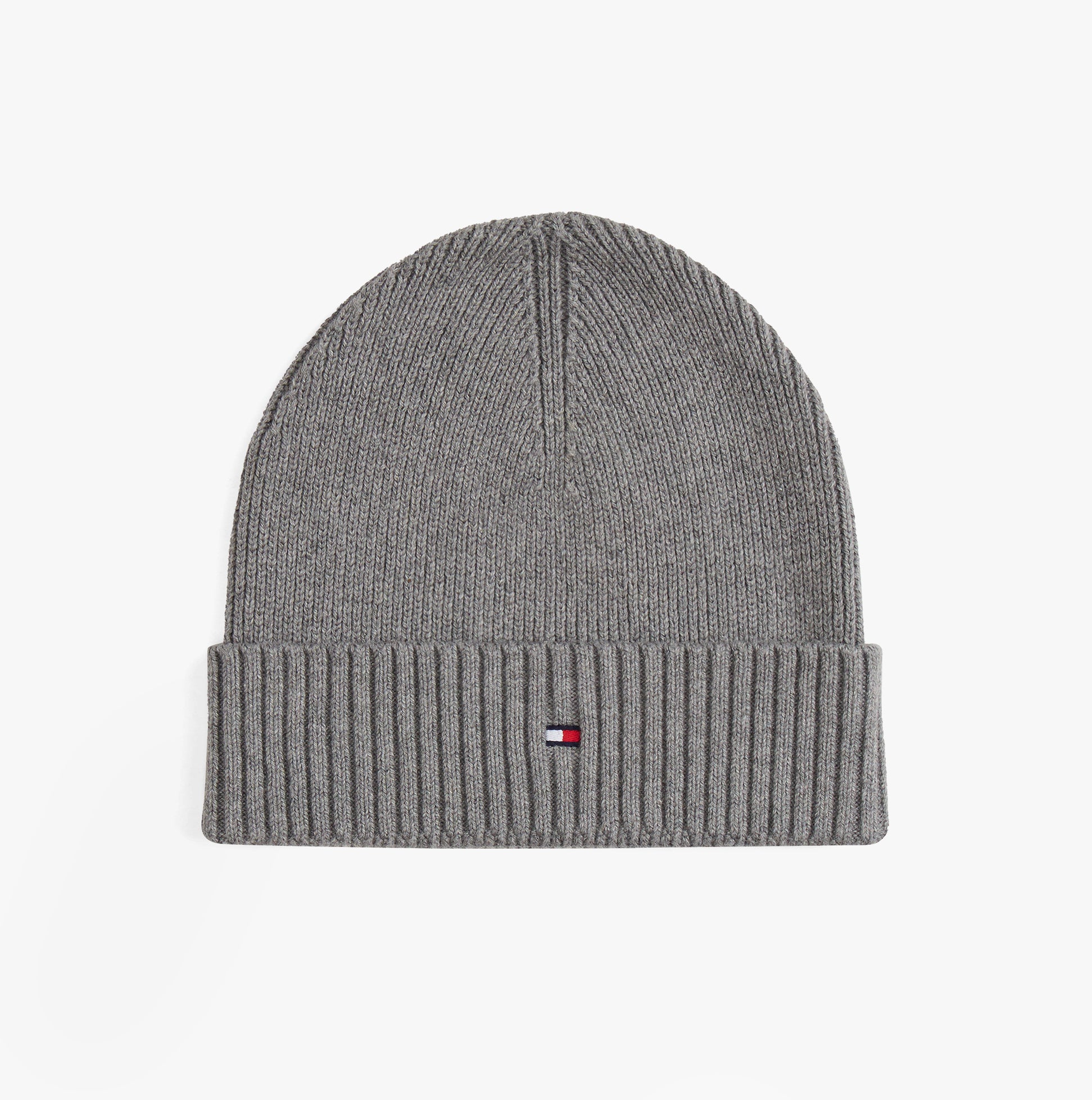 Tommy Hilfiger AM0AM13807 TH FLAG BEANIE & SCA Mens Beanie Mid Grey Heather top view, showing the ribbed design and logo detail.