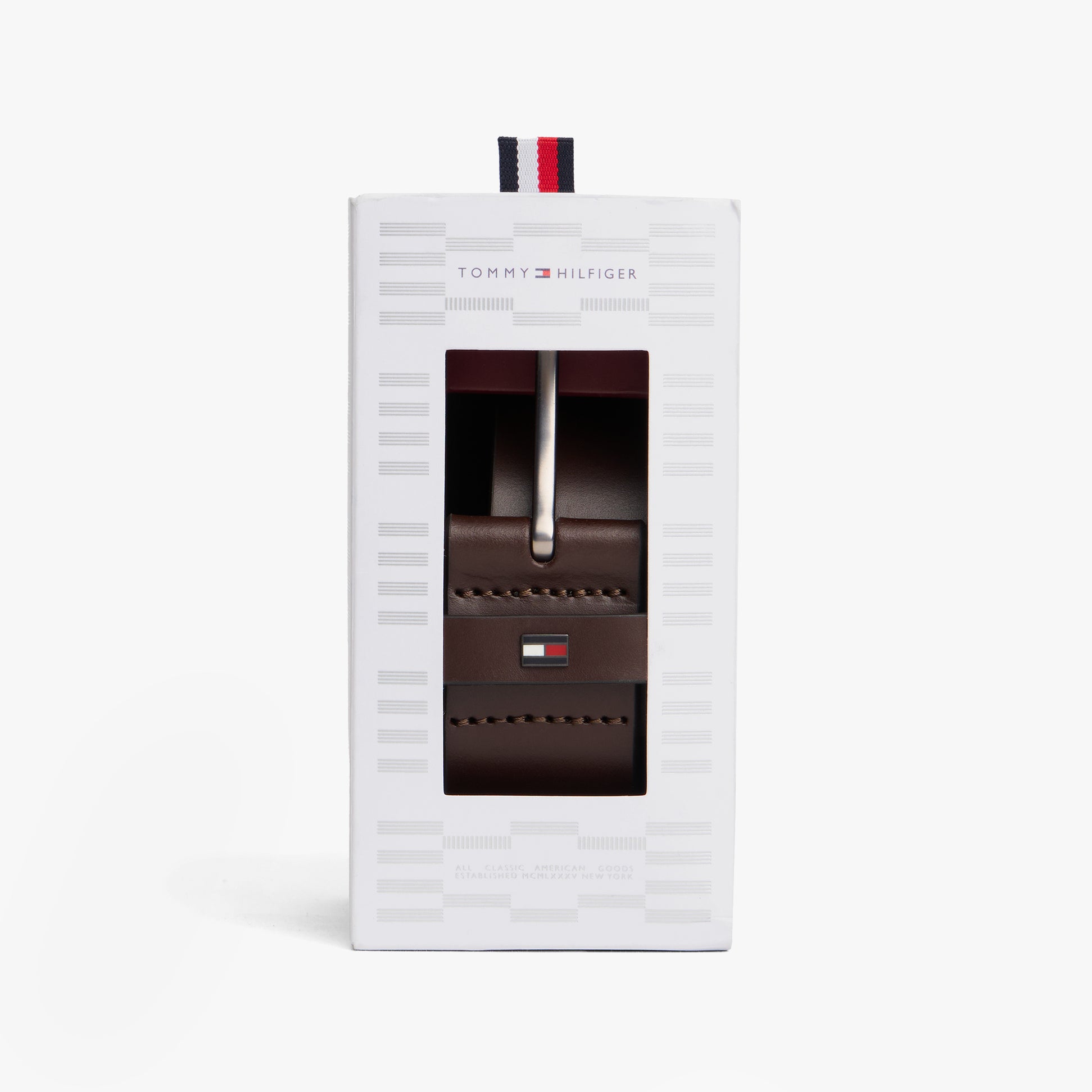 Tommy Hilfiger DENTON Leather Belt Gift Box in Brown, packaging box showing a striped pull tab at the top