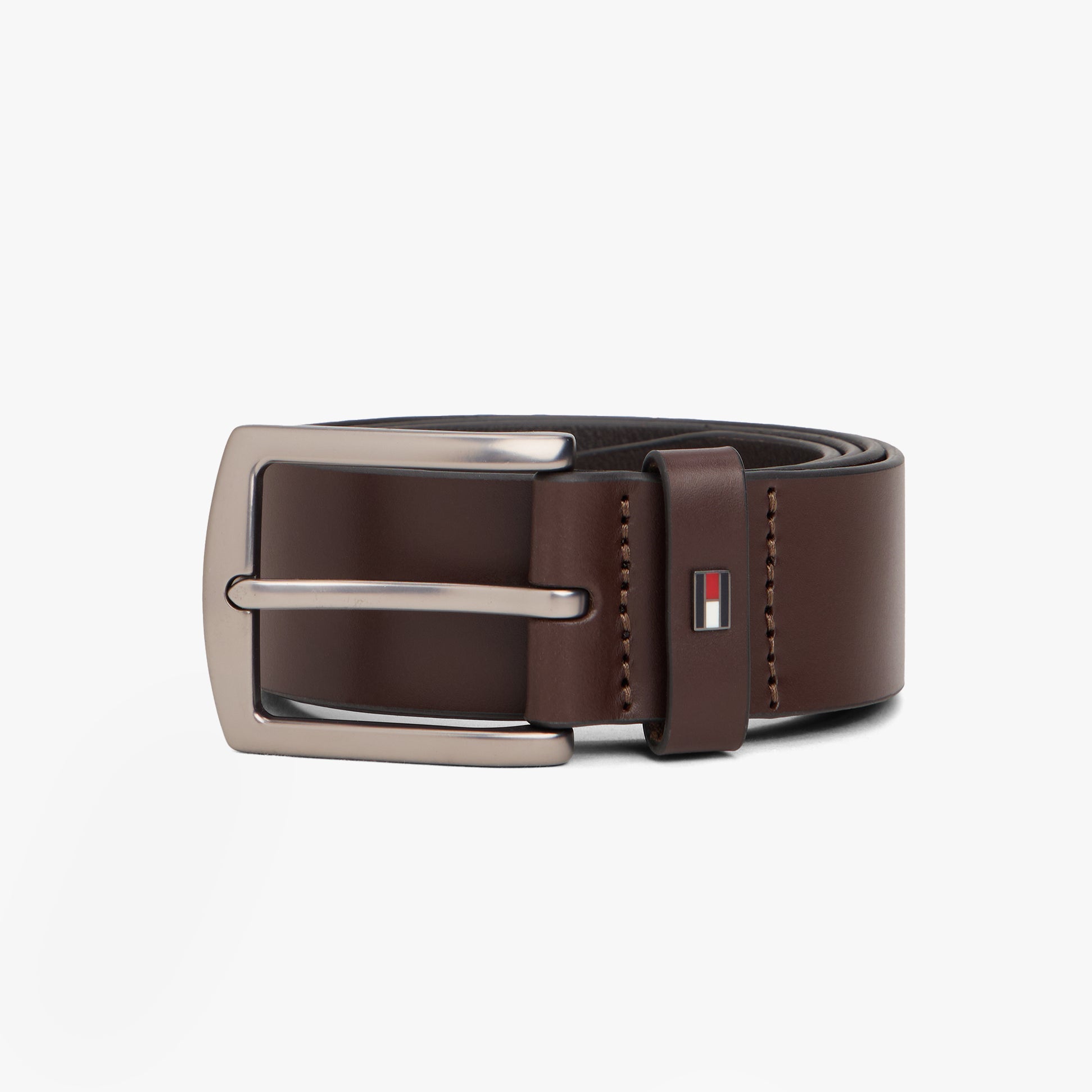 Tommy Hilfiger DENTON Leather Belt Gift Box in Brown, side profile view with a touch fastening buckle