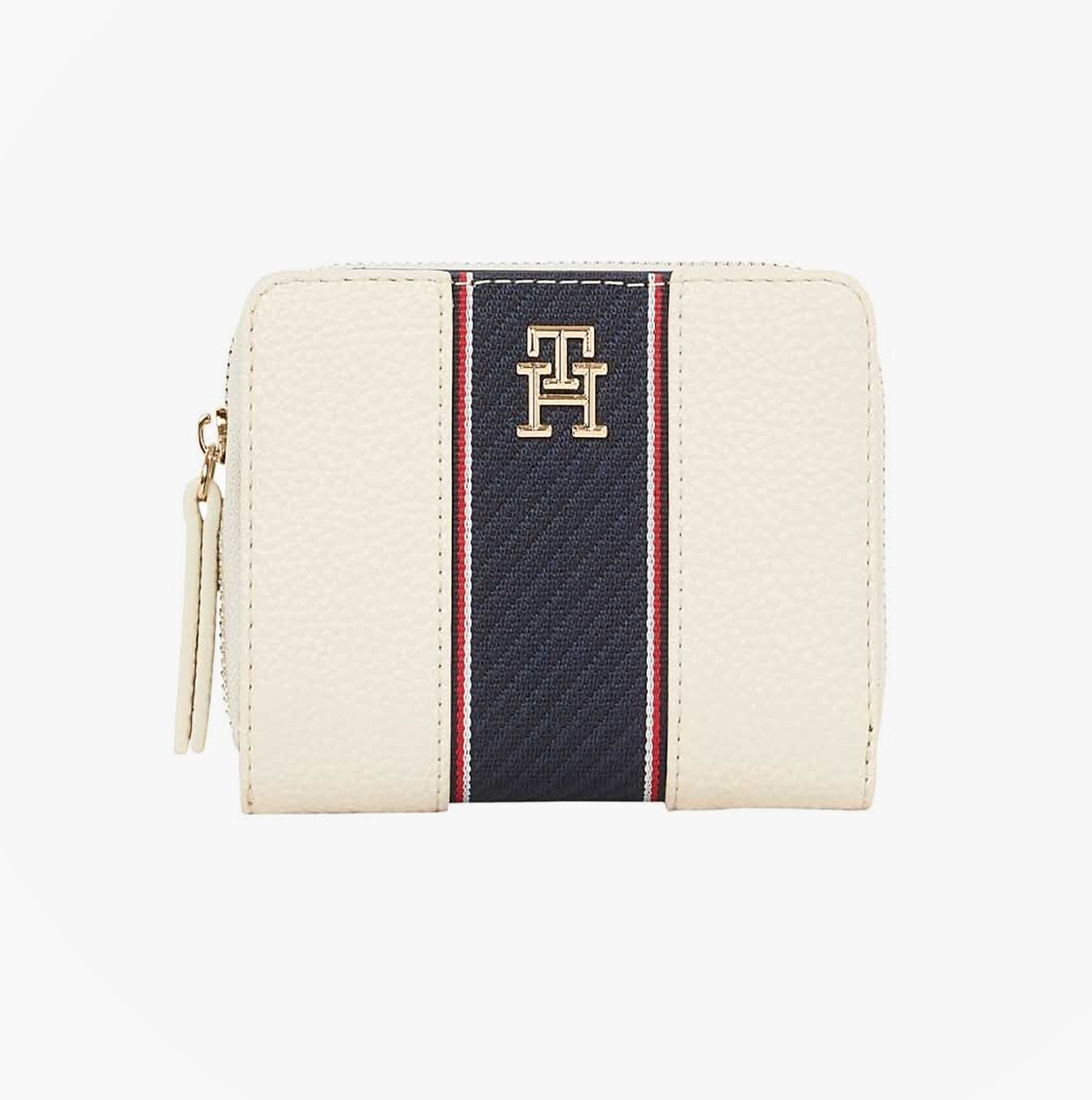 Tommy Hilfiger Womens monogram wallet with TH signature Cream front view showing zip closure and signature design.