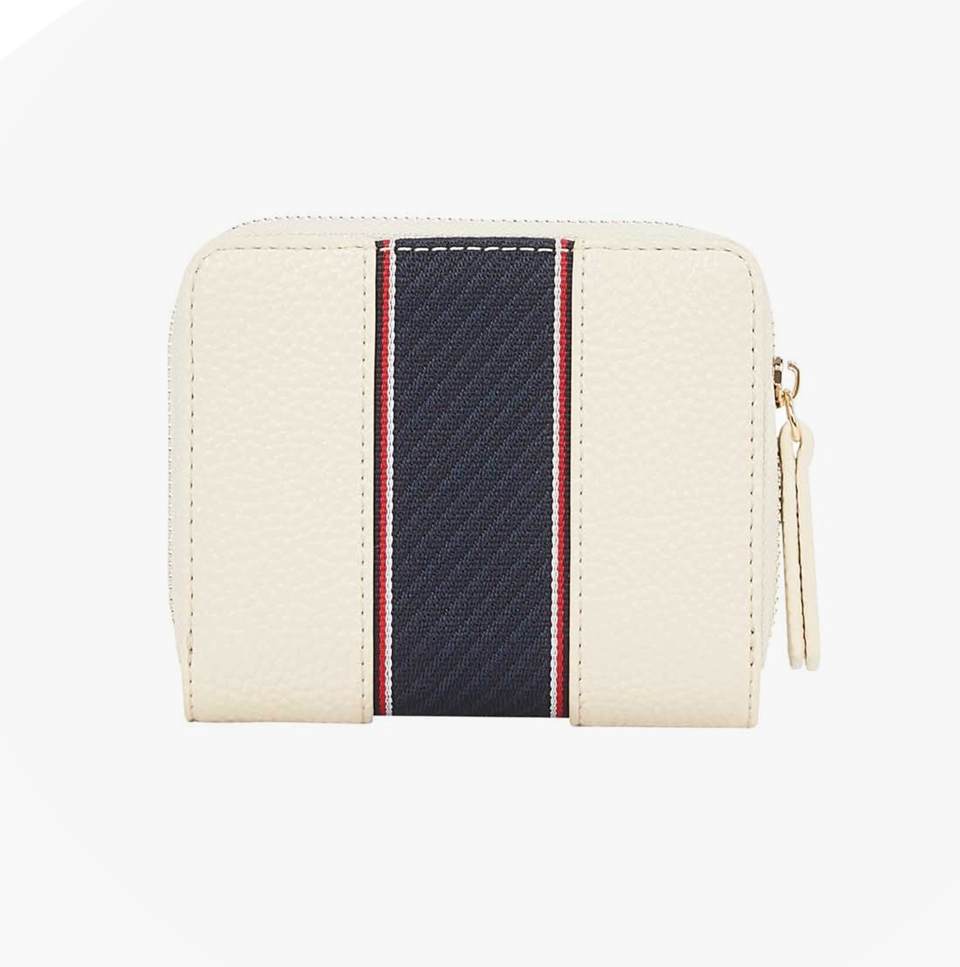 Tommy Hilfiger Womens monogram wallet with TH signature Cream front view showcasing zip closure and stylish design.