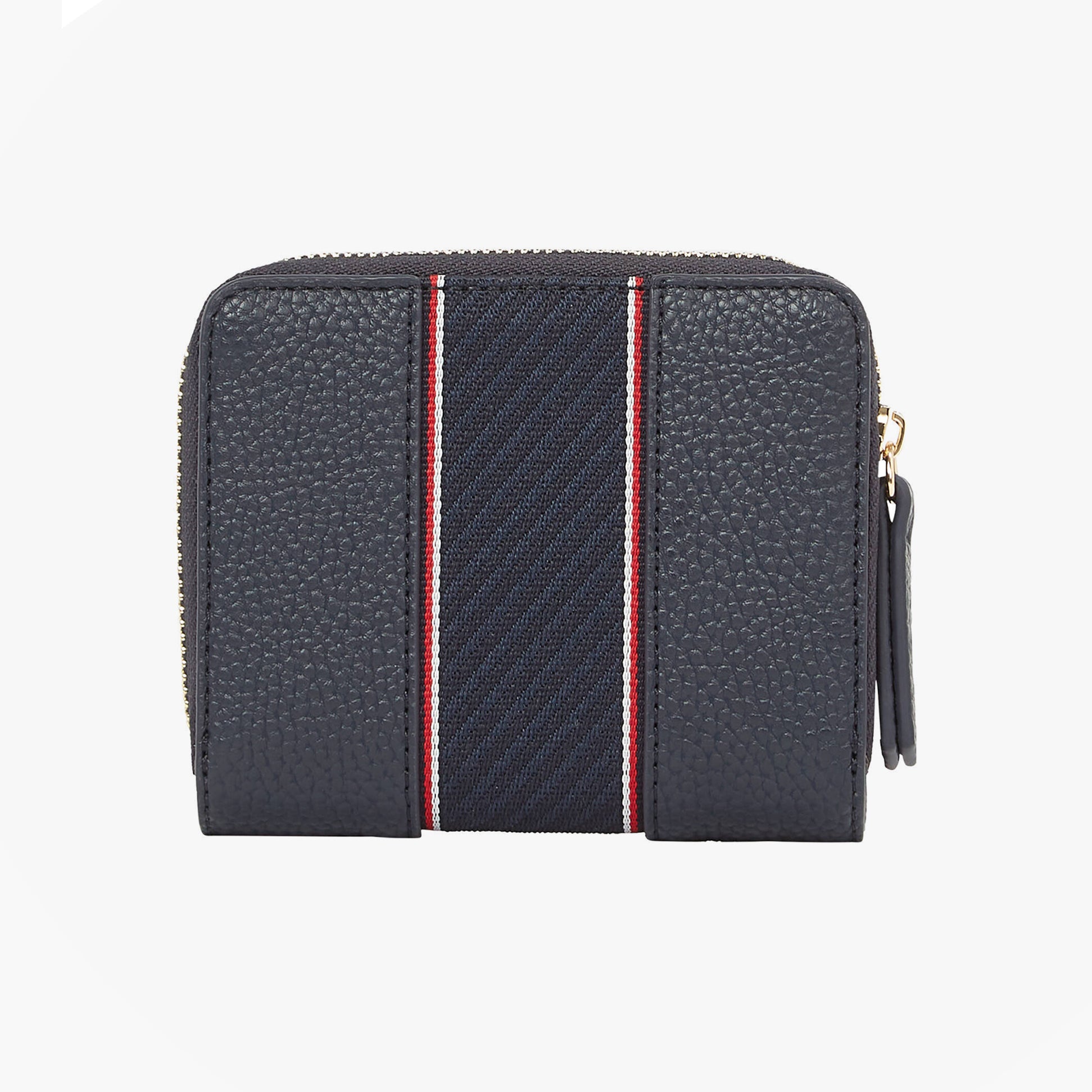 Tommy Hilfiger Womens monogram wallet with TH signature front view in navy with stripe details.