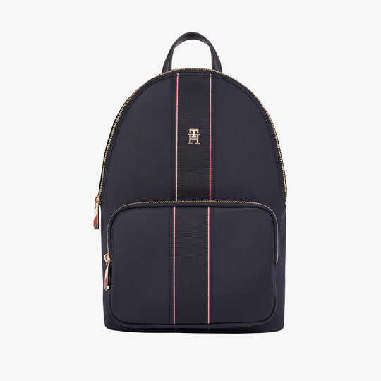 Tommy Hilfiger POPPY CORP Womens Backpack Space Blue Corp front view showing zip closure and TH monogram plaque.