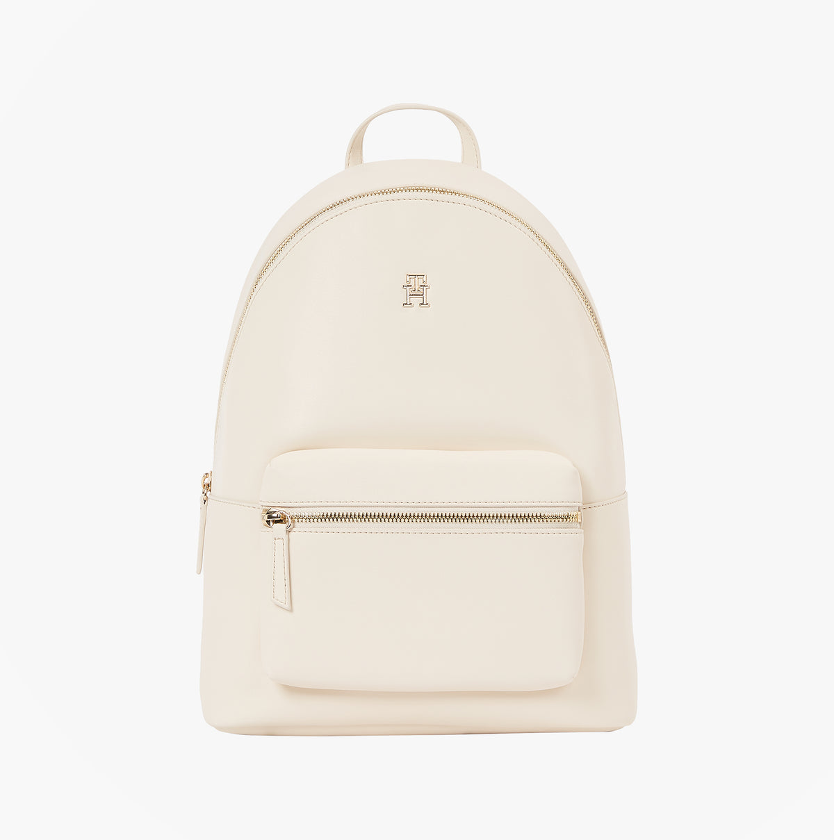 Tommy Hilfiger LOGOTAPE Womens Backpack Sugarcane front view with zip pocket and TH monogram plaque.