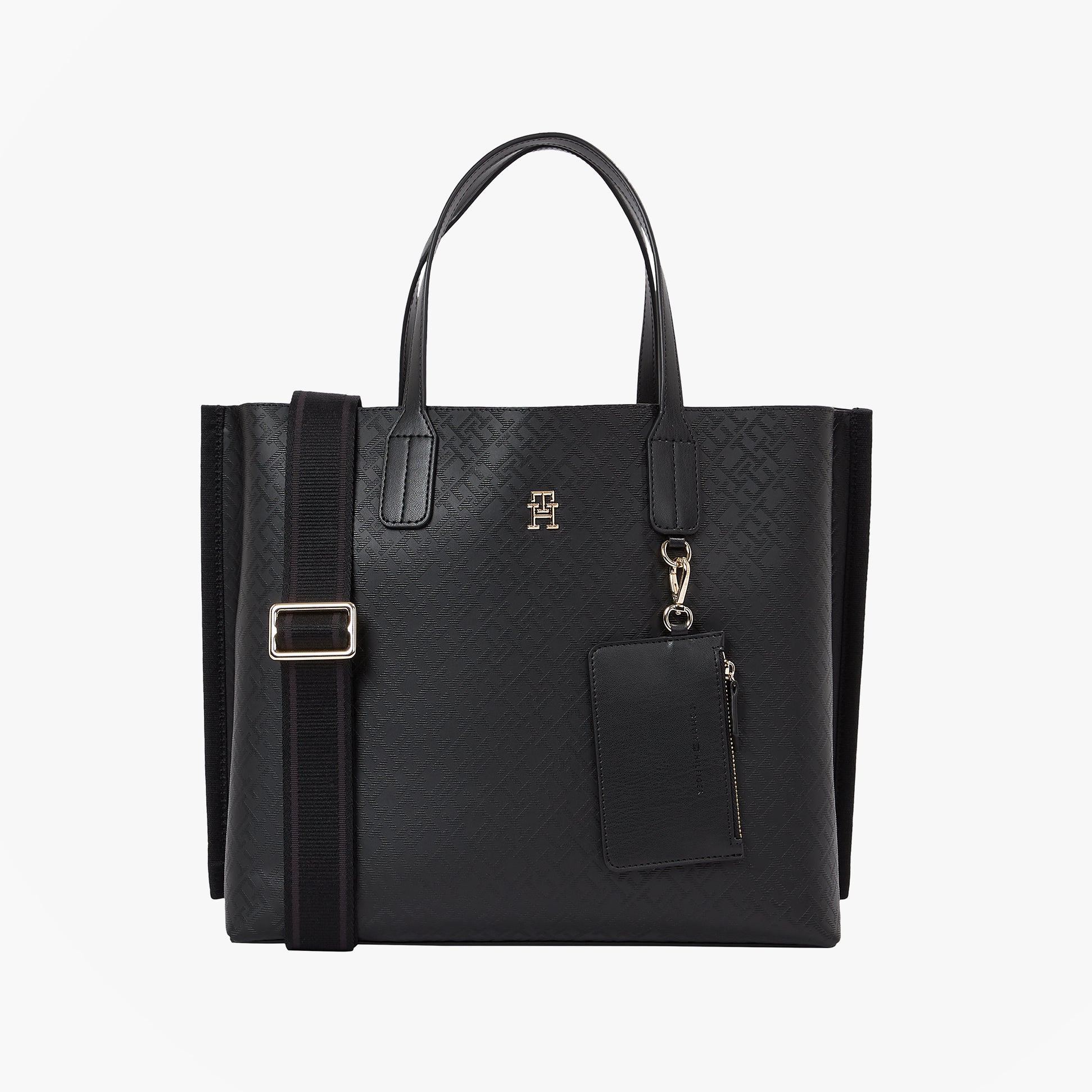 Tommy Hilfiger DISTINCT SATCHEL Womens Handbag Black front view with embossed design and detachable zipped coin purse