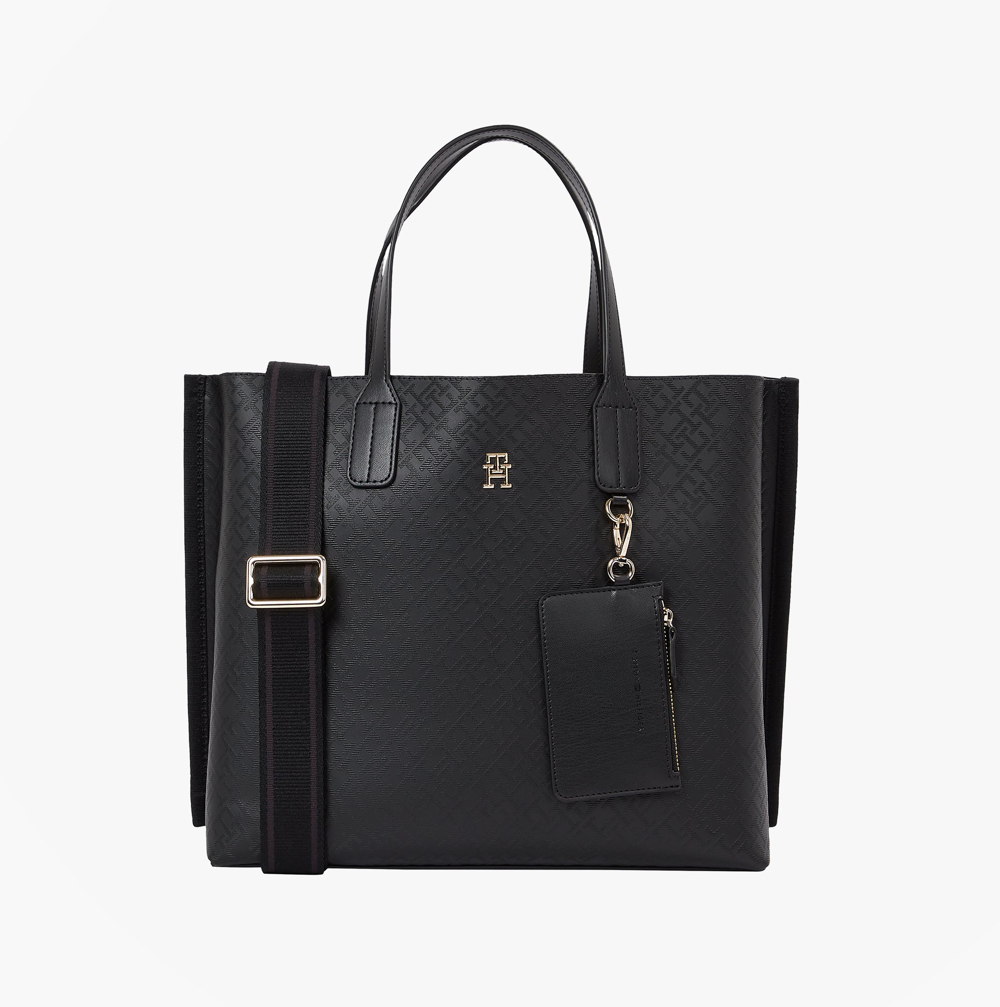 Tommy Hilfiger DISTINCT SATCHEL Womens Handbag Black front view with embossed design and detachable zipped coin purse