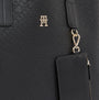 Tommy Hilfiger DISTINCT SATCHEL Womens Handbag Black close-up view showing embossed monogram and detachable coin purse.