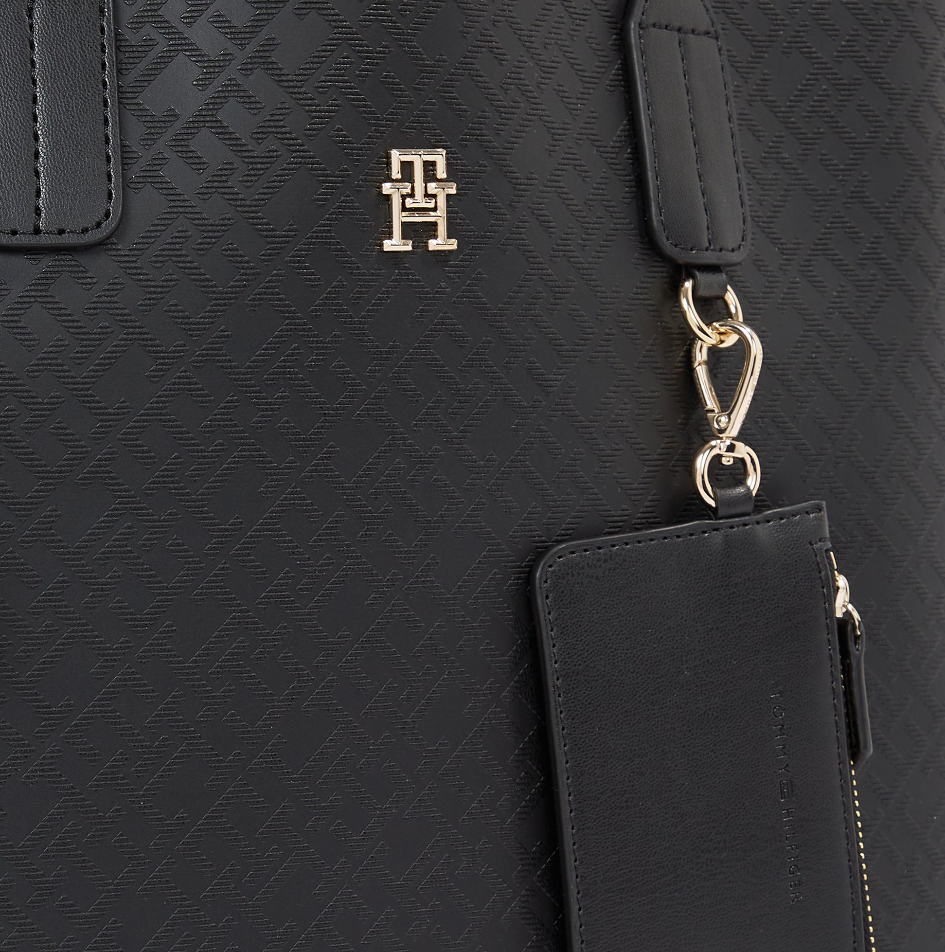 Tommy Hilfiger DISTINCT SATCHEL Womens Handbag Black close-up view showing embossed monogram and detachable coin purse.