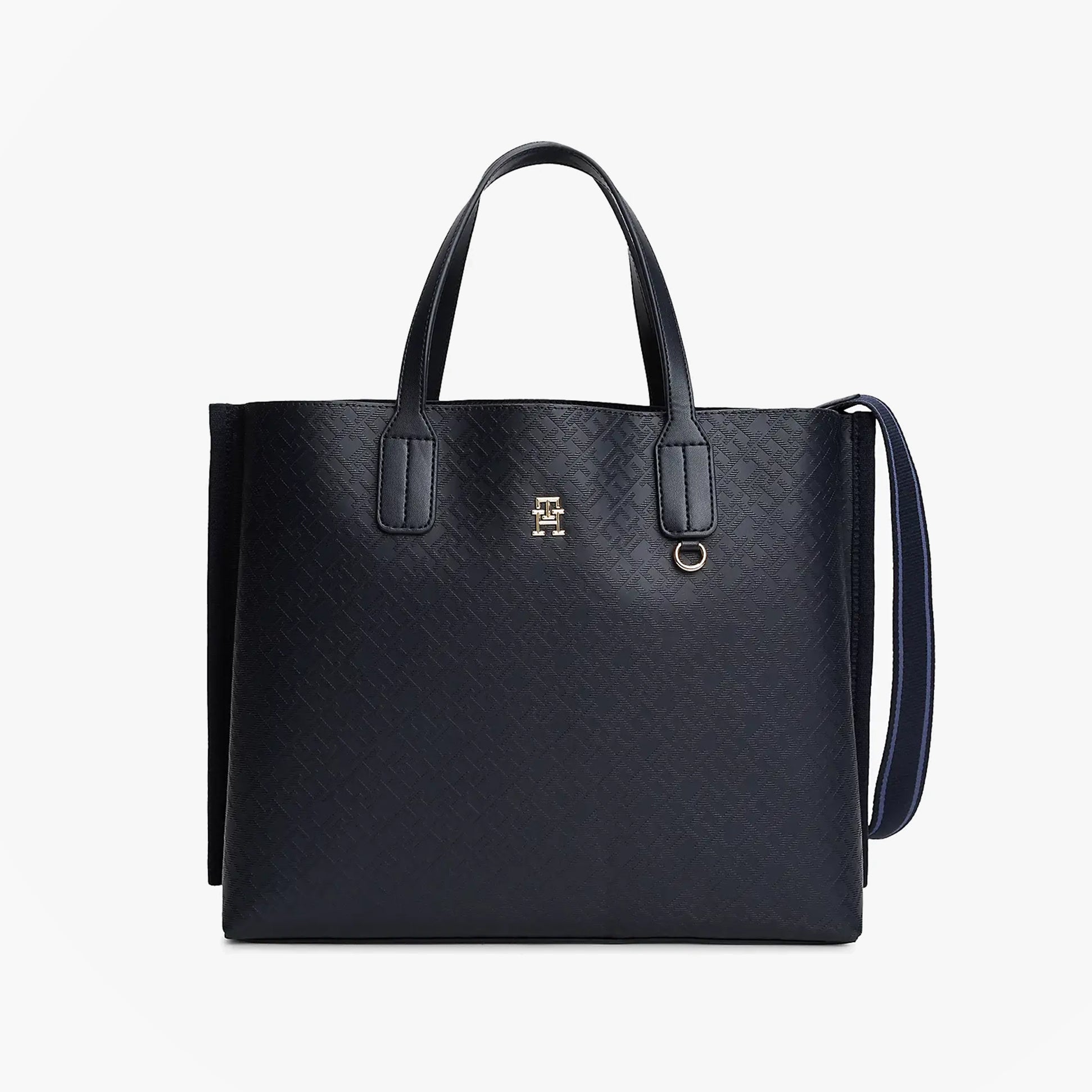 Tommy Hilfiger DISTINCT SATCHEL Ladies Handbag Space Blue front view featuring embossed TH monogram design.