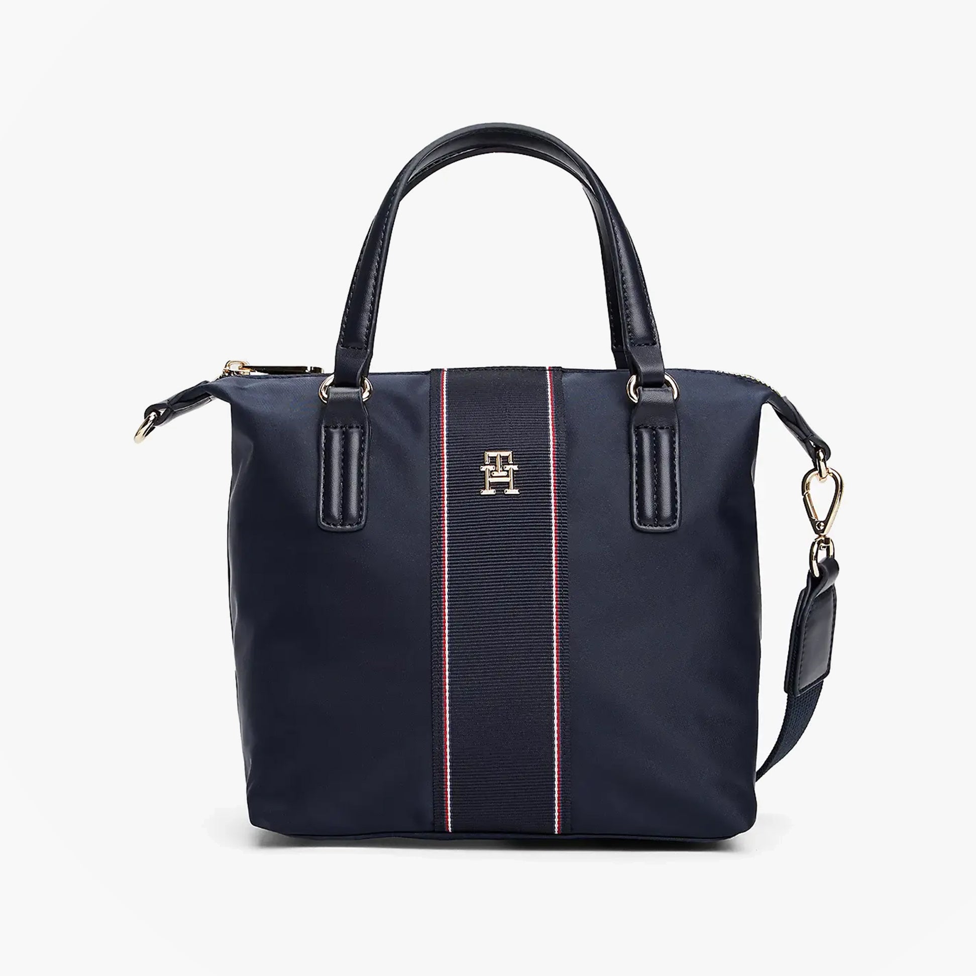 Tommy Hilfiger POPPY SMALL TOTE COR Womens Handbag Space Blue Corp front view with zip closure and TH monogram emblem.