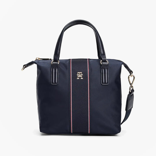 Tommy Hilfiger POPPY SMALL TOTE COR Womens Handbag Space Blue Corp front view with zip closure and TH monogram emblem.