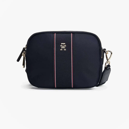 Tommy Hilfiger MONOGRAM CROSSBODY Womens Bag Space Blue Corp front view showing smooth finish and adjustable strap.