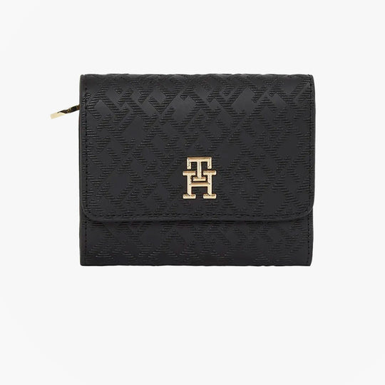 Tommy Hilfiger Womens Monogram Trifold Wallet Black front view with gold logo detailing
