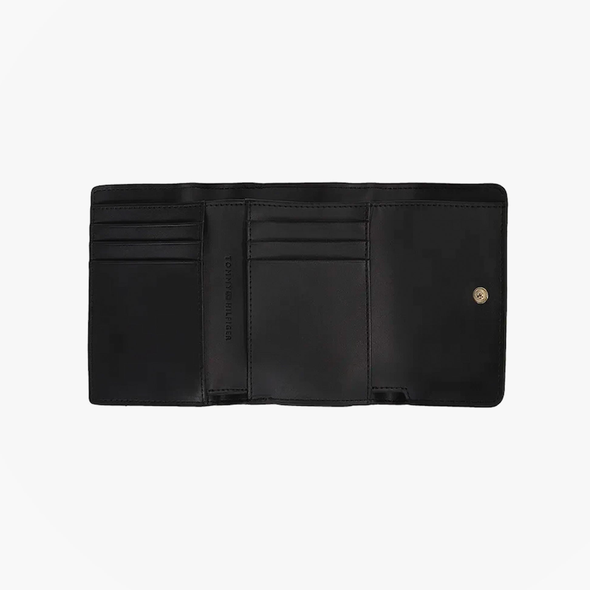 Tommy Hilfiger Womens Monogram Trifold Wallet Black interior view showing card slots and button closure.