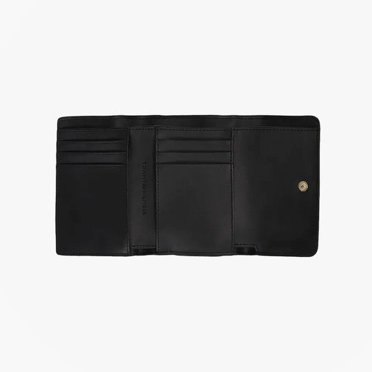 Tommy Hilfiger Womens Monogram Trifold Wallet Black interior view showing card slots and button closure.