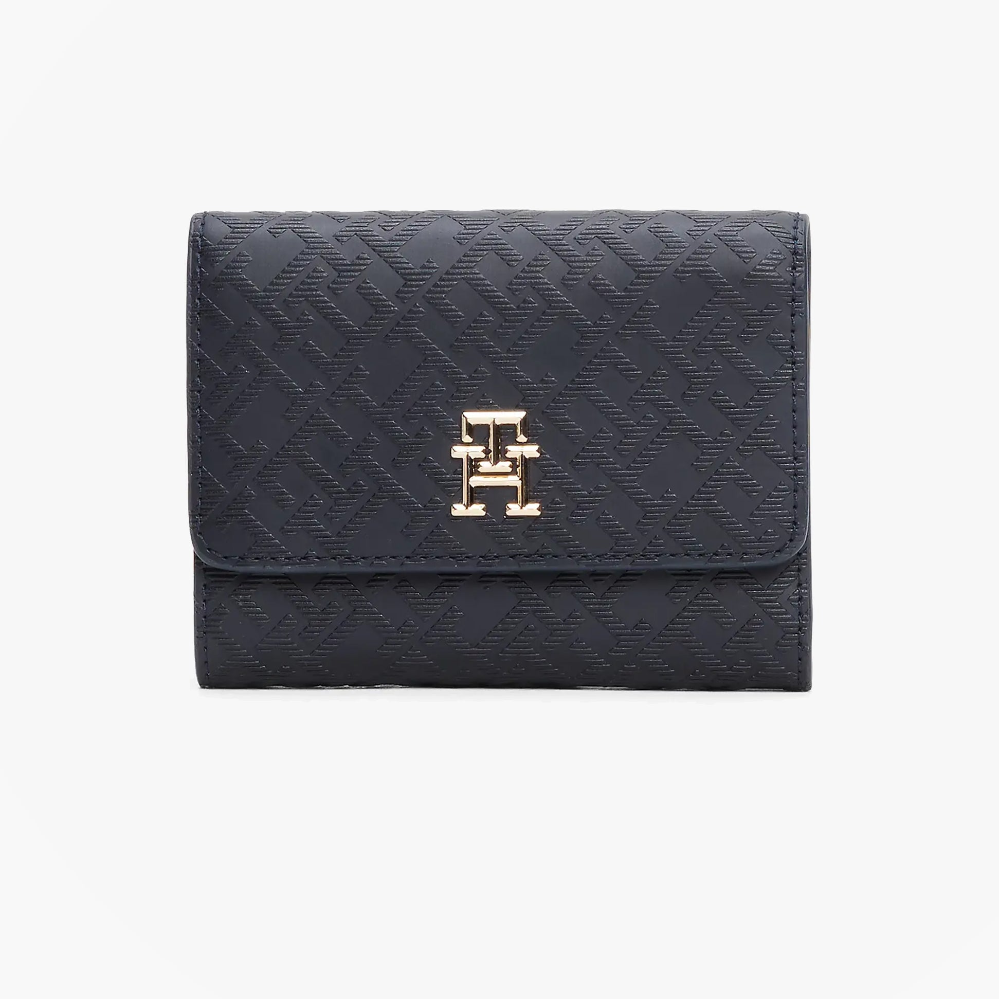 Tommy Hilfiger Womens Monogram Trifold Wallet Navy front view with gold logo detailing on navy polyurethane.