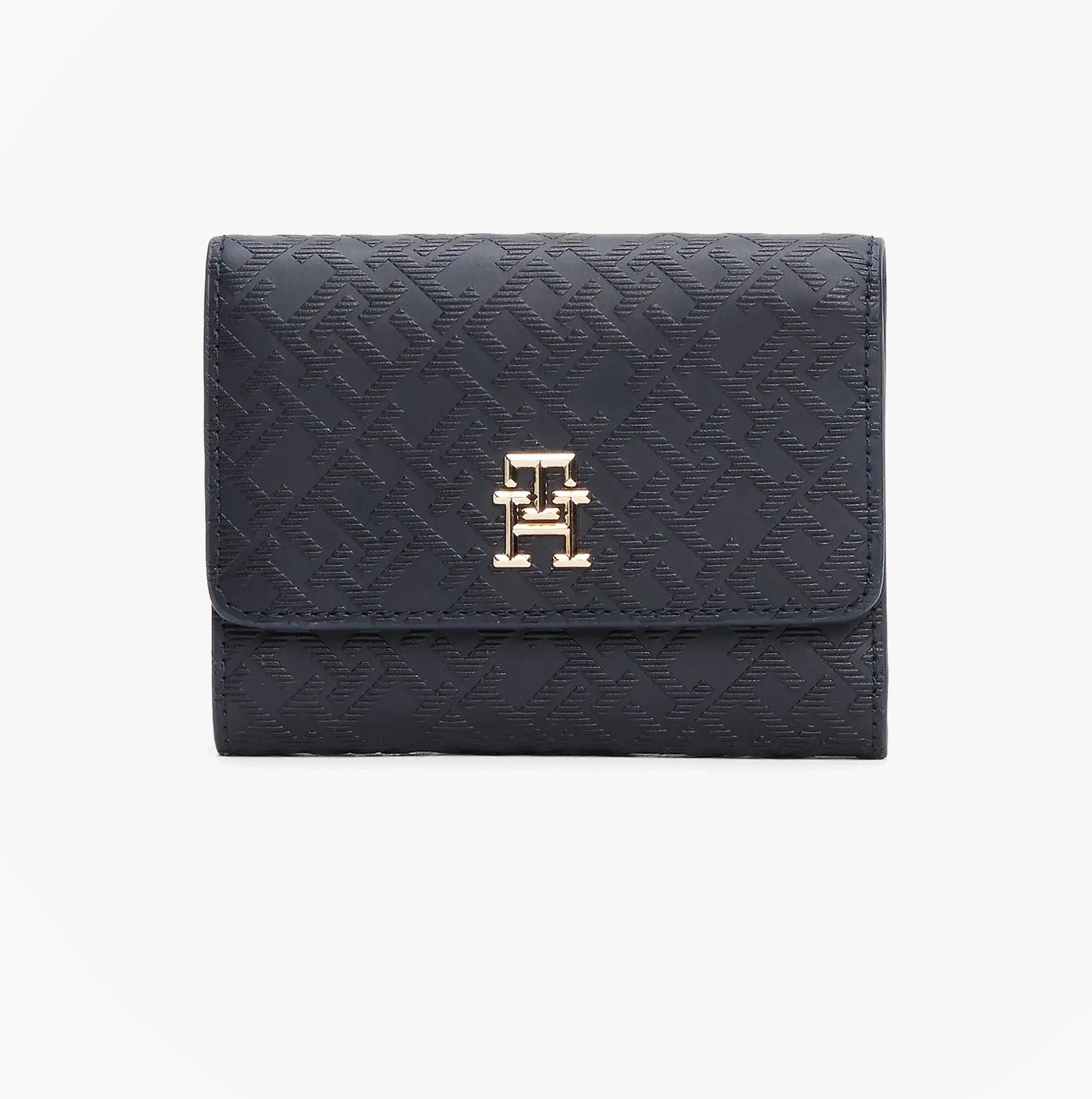 Tommy Hilfiger Womens Monogram Trifold Wallet Navy front view with gold logo detailing on navy polyurethane.