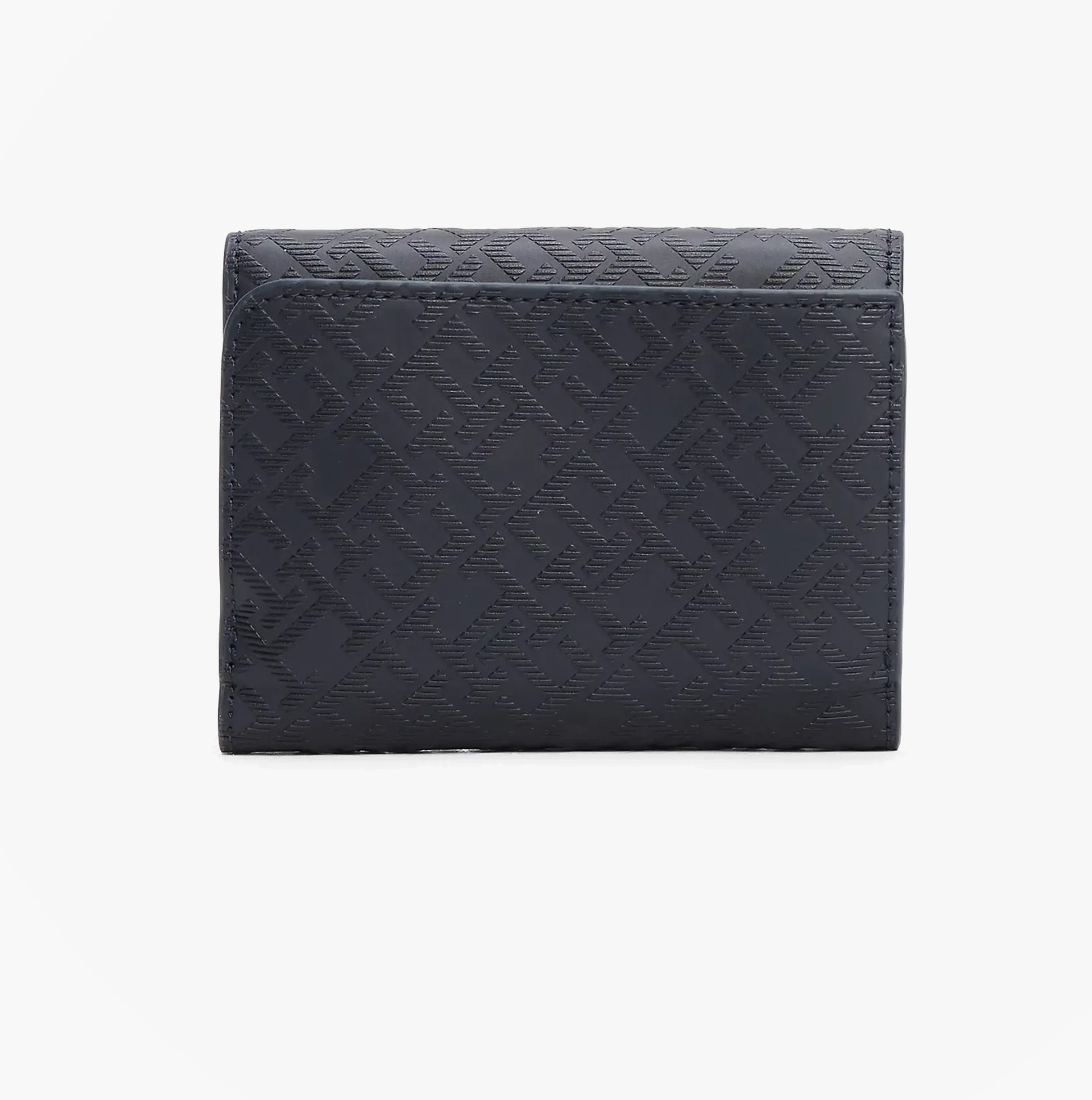 Tommy Hilfiger Womens Monogram Trifold Wallet Navy front view showcasing textured design and button closure.