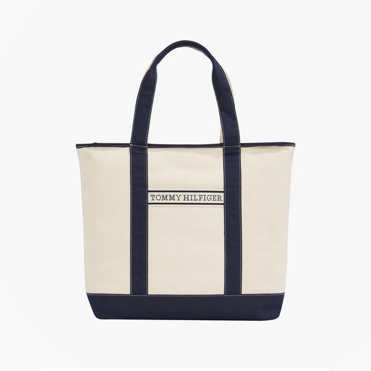 Tommy Hilfiger CANVAS BEACH Womens Tote Bag Space Blue front view with TH logo and contrast trim.