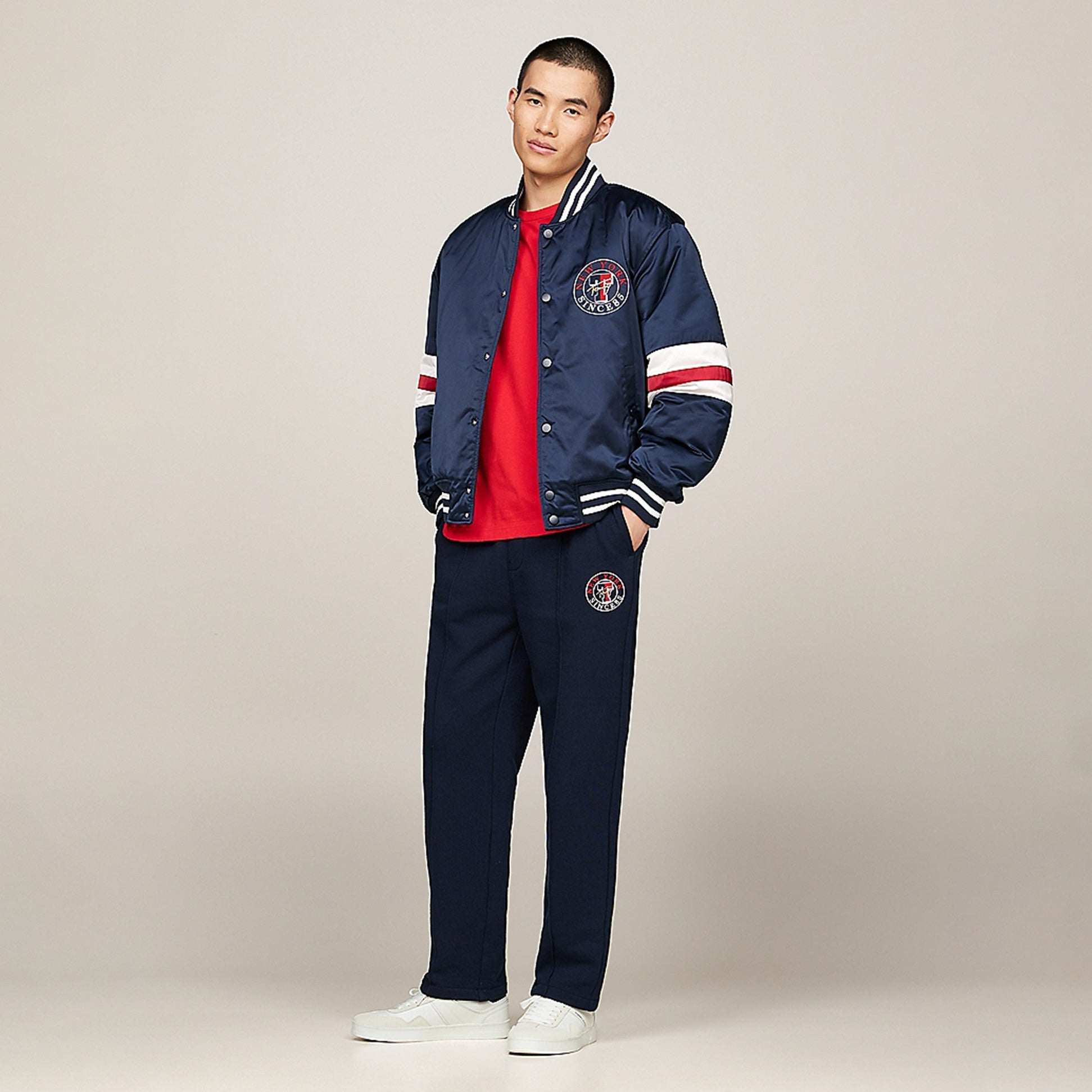 Tommy Hilfiger RETRO Suede Trainers Mens Ecru front view with stylish casual sportswear and footwear.