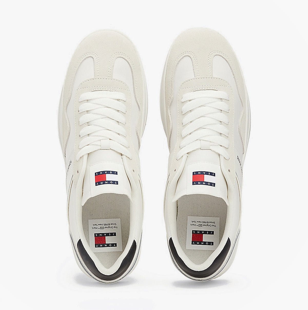Top view of Tommy Hilfiger RETRO Suede Trainers Mens Ecru with lace-up closure and logo detailing.