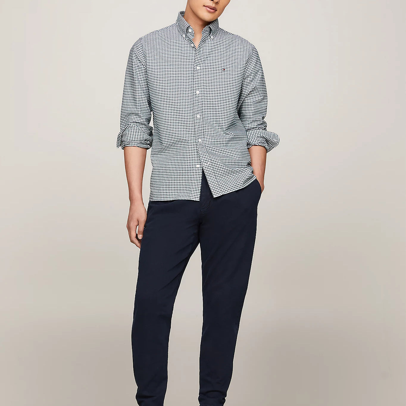 Tommy Hilfiger Mens Casual Look, Model Wearing Checked Shirt and Navy Pants, Full Length View