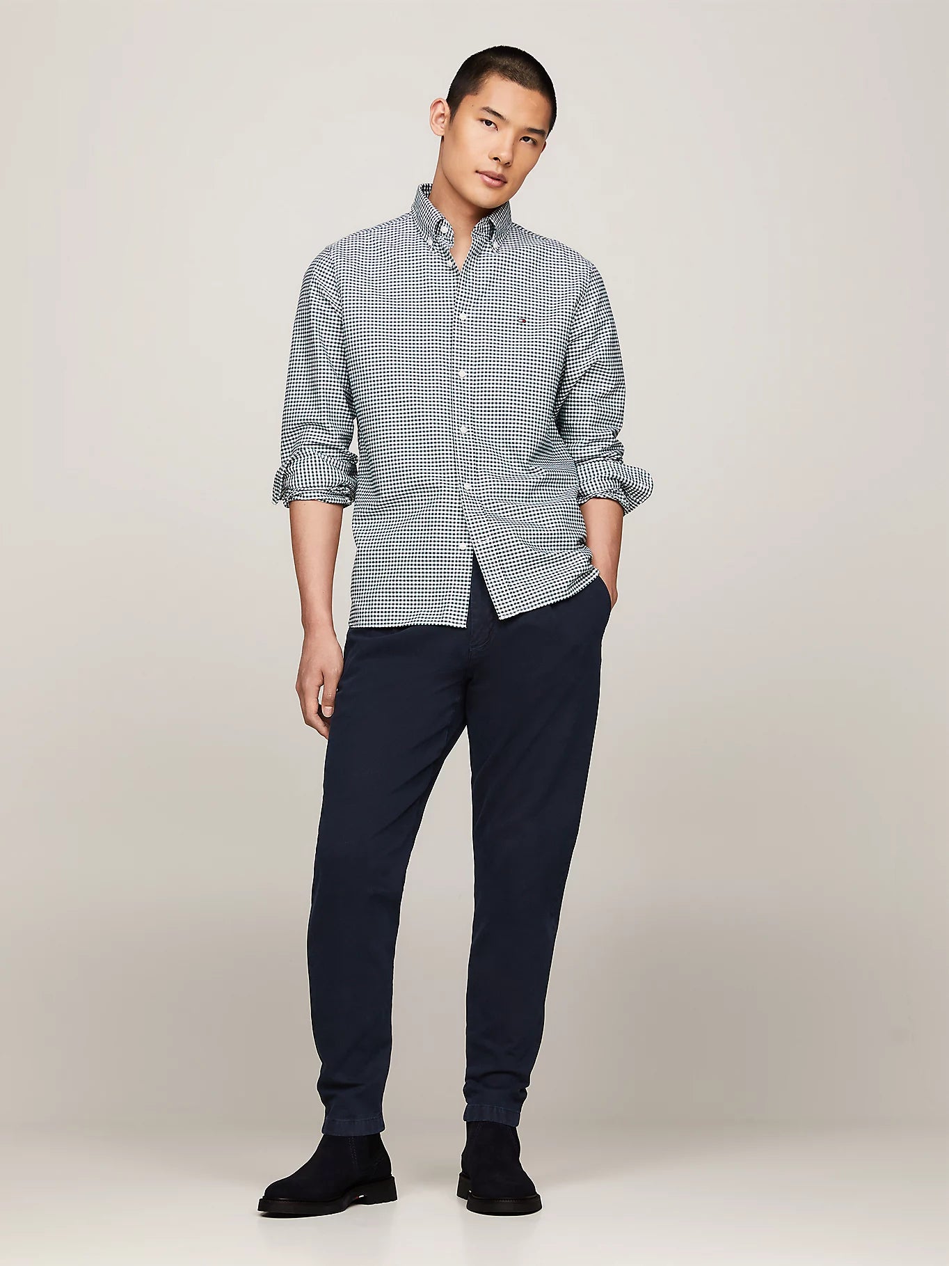 Tommy Hilfiger Mens Casual Look, Model Wearing Checked Shirt and Navy Pants, Full Length View
