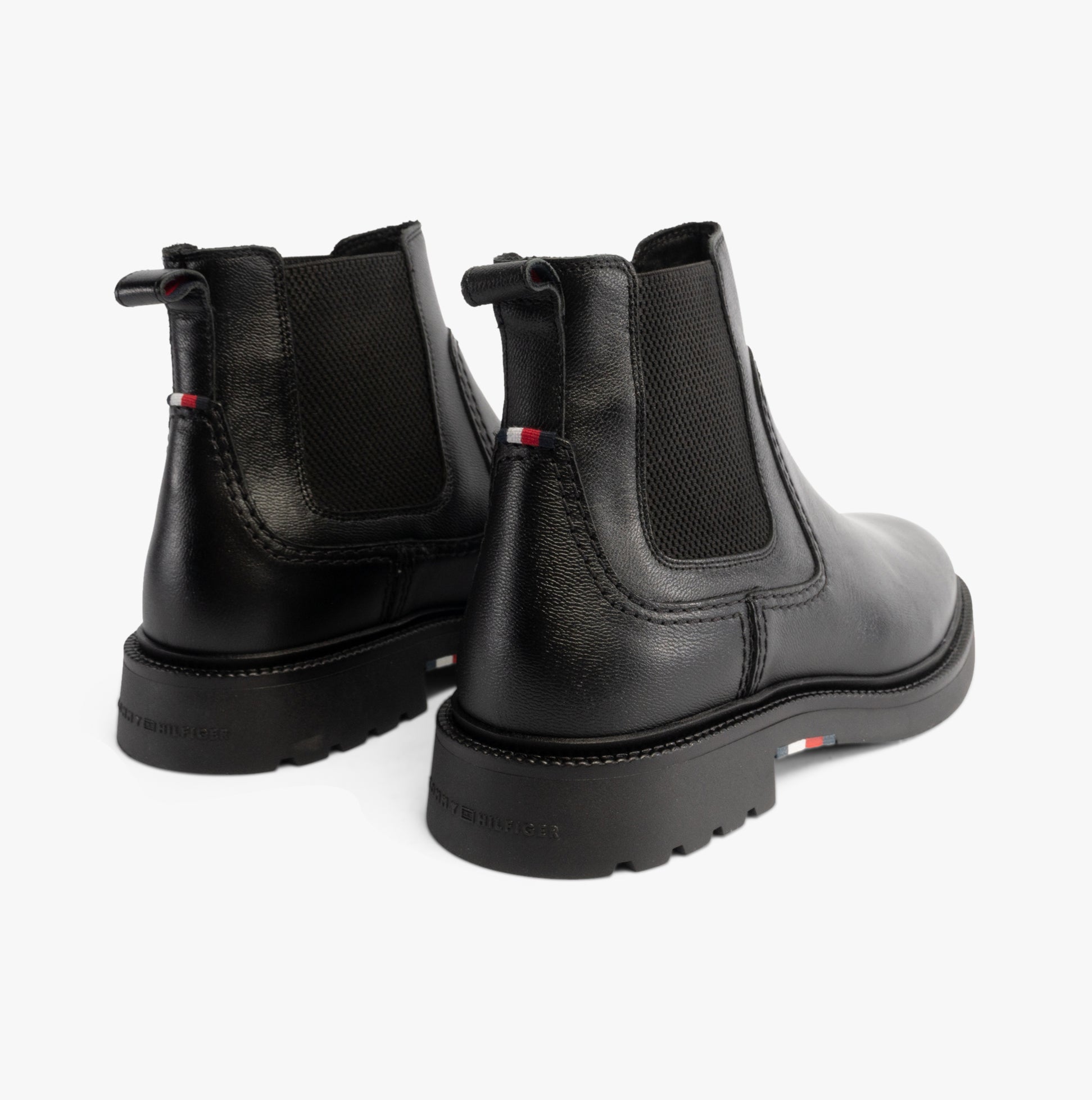 Tommy Hilfiger HILFIGER COMFORT Mens Chelsea Boots Black rear view showcasing leather and elasticated side panels.