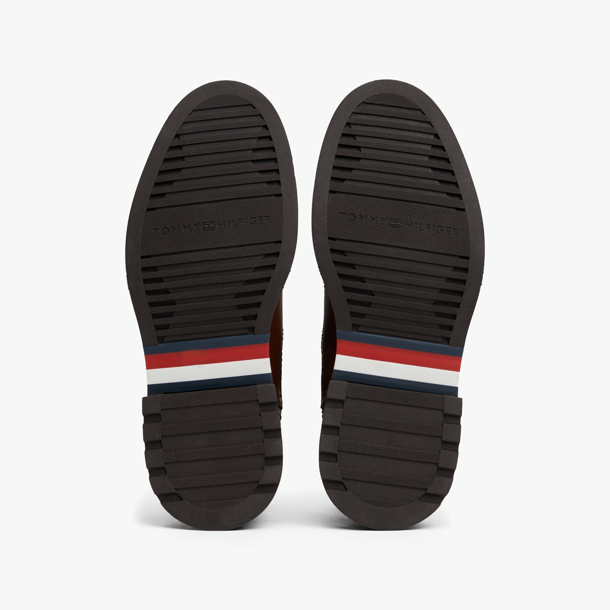 Tommy Hilfiger HILFIGER COMFORT Mens Chelsea Boots Winter Cognac bottom view showcasing the sole with logo and striped design.