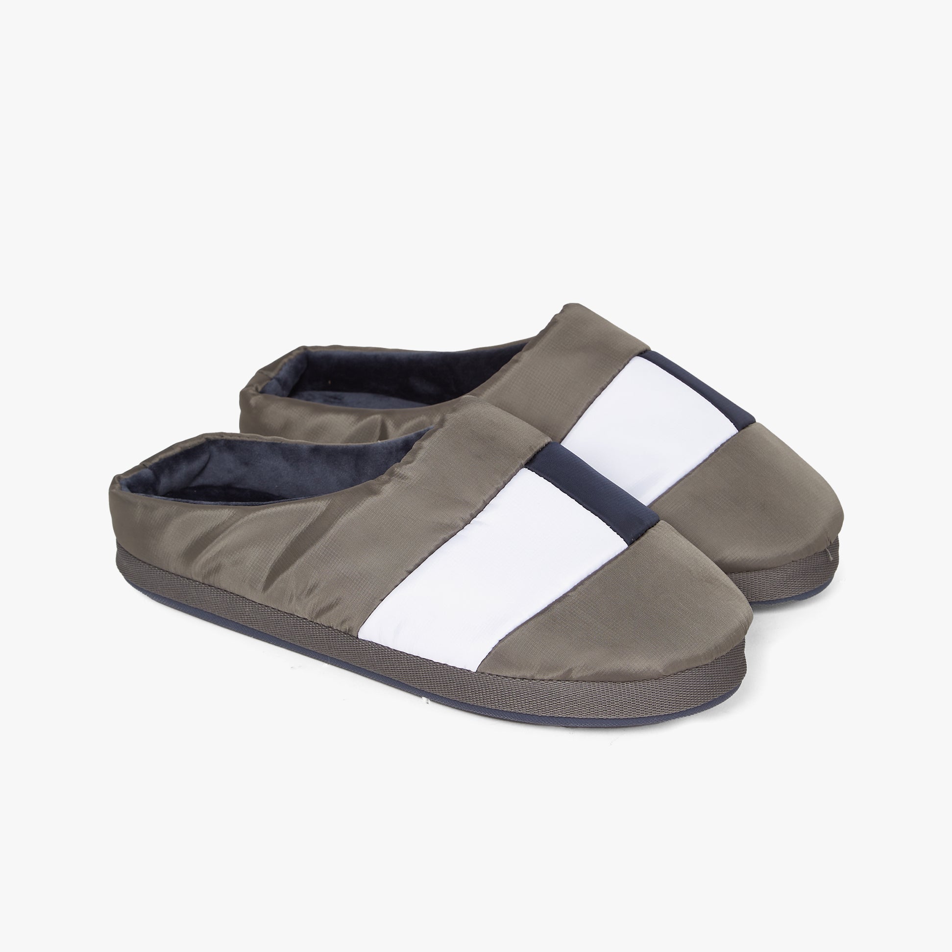 Tommy Hilfiger NYLON FLAG Mens Loafers Shady Stone side view showing slipper style with rounded toe and lightweight design.
