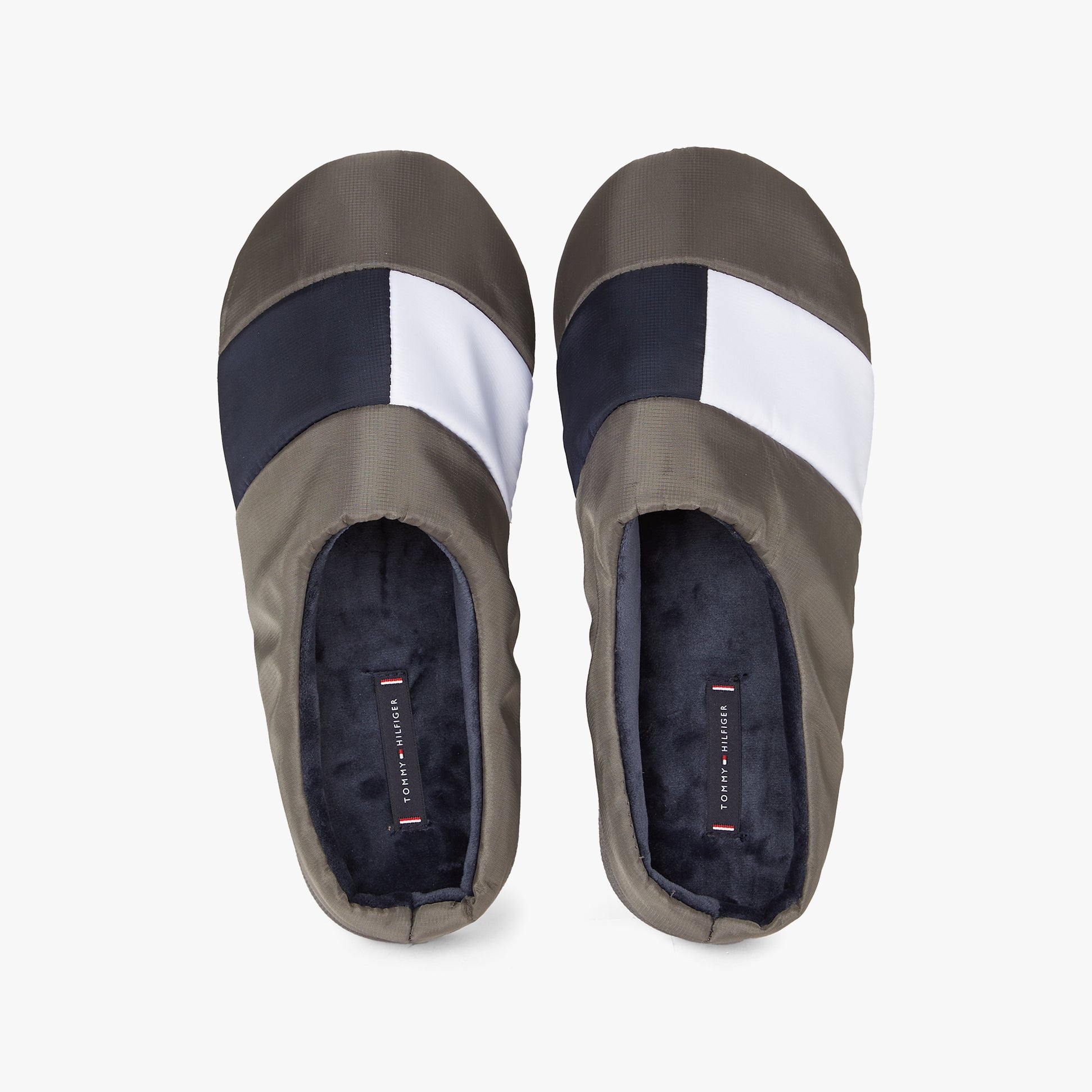 Tommy Hilfiger NYLON FLAG Mens Loafers Shady Stone top view showing stylish slipper design and color blocking.