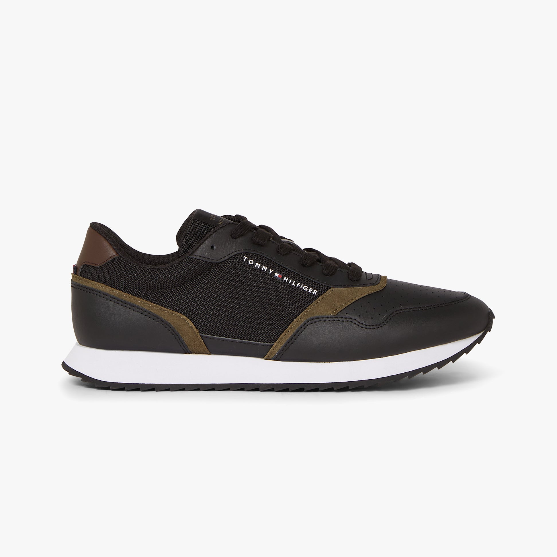 Tommy Hilfiger LEATHER SERRATED RUNNER Mens Trainers Black side view showcasing sleek design and comfort features.