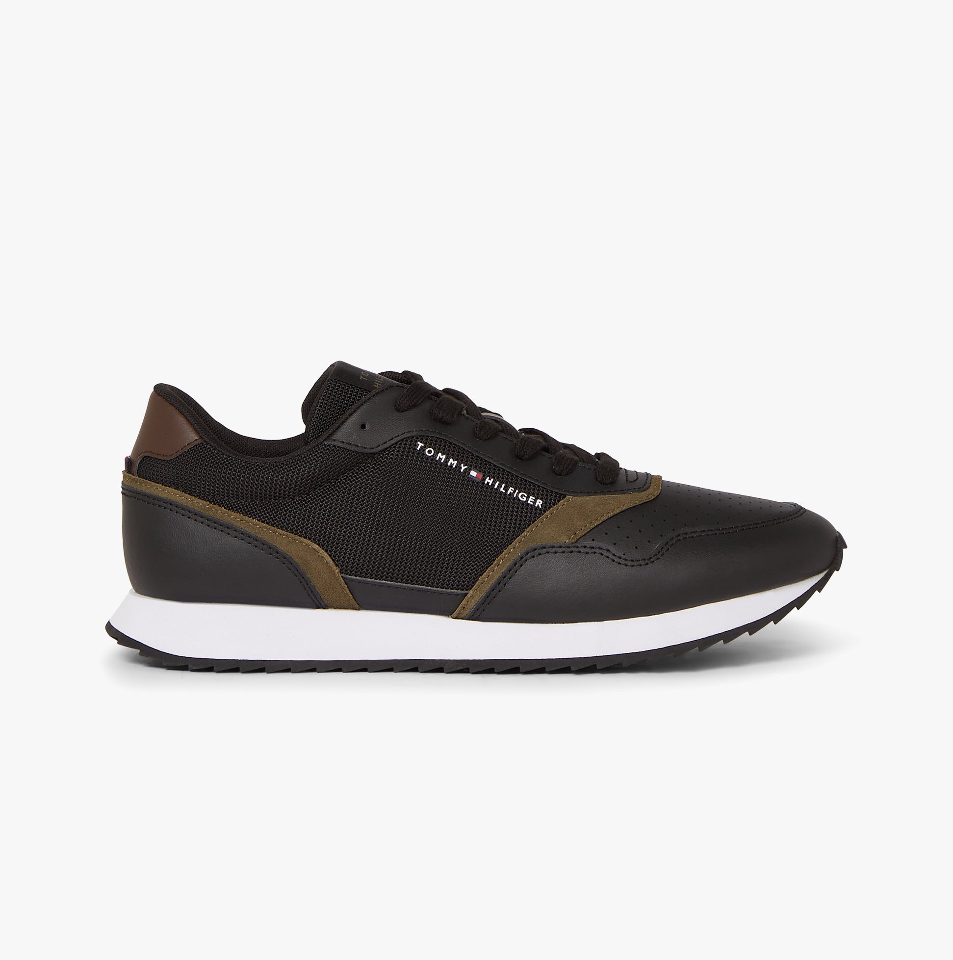 Tommy Hilfiger LEATHER SERRATED RUNNER Mens Trainers Black side view showcasing sleek design and comfort features.