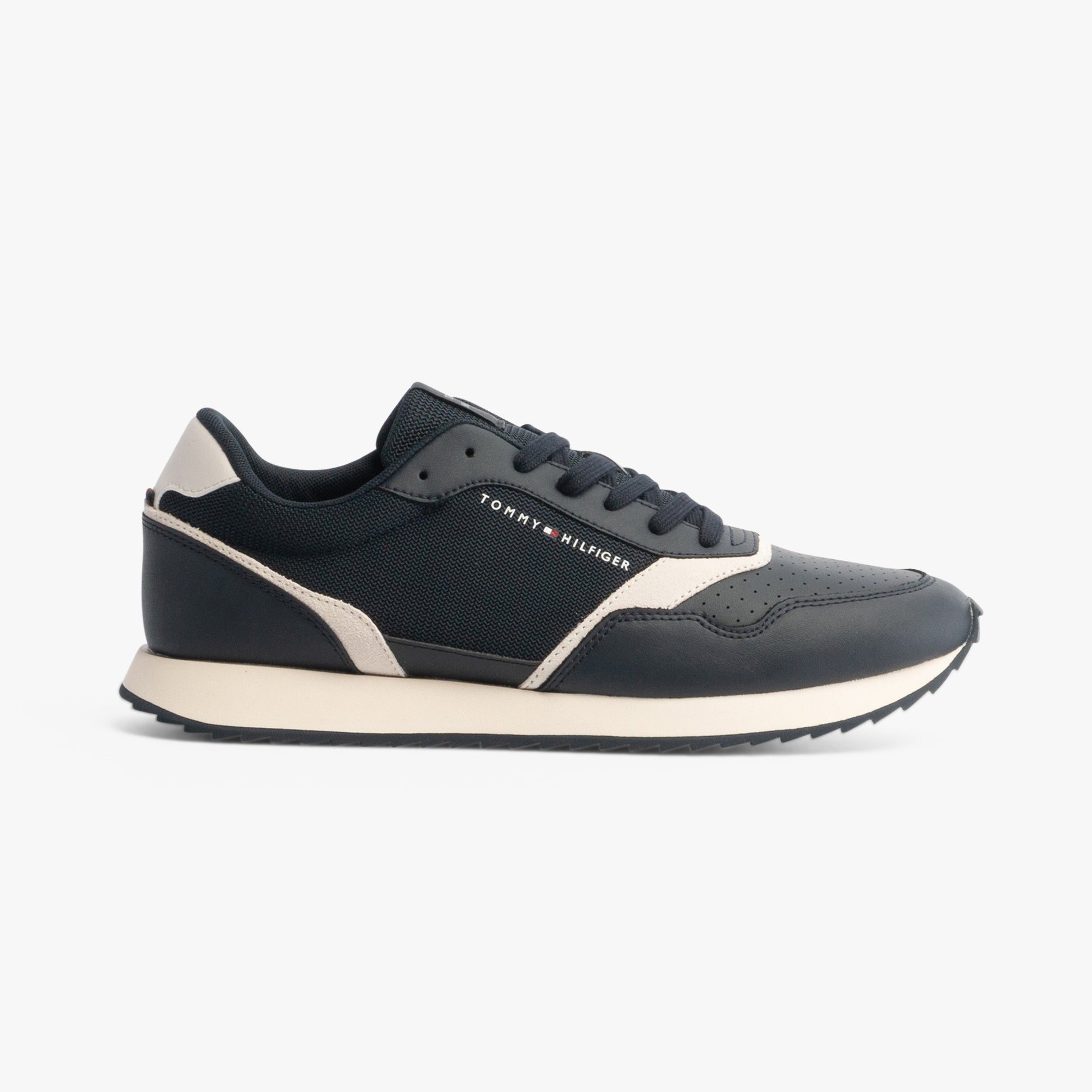 Tommy Hilfiger LEATHER SERRATED RUNNER Mens Trainers Desert Sky side view highlighting casual style and leather upper.