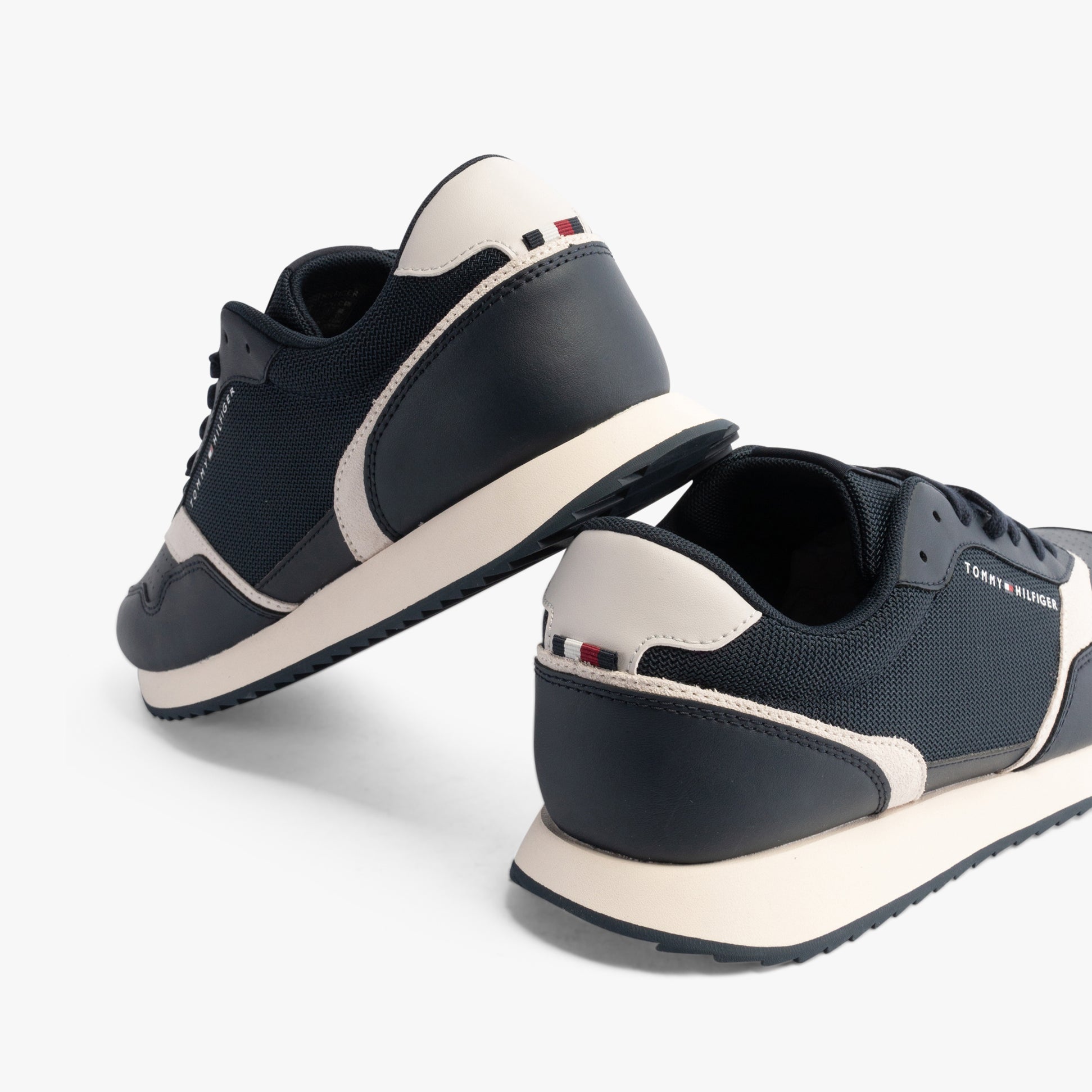 Tommy Hilfiger LEATHER SERRATED RUNNER Mens Trainers Desert Sky back view showing shoe design and color details.