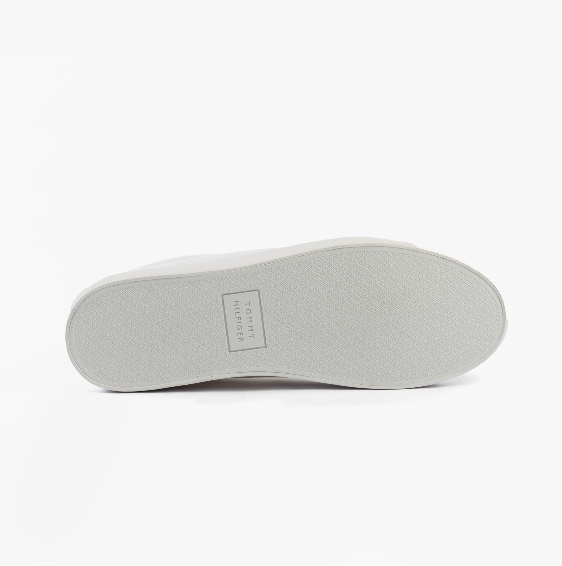 Tommy Hilfiger LOGO PATCH Mens Trainers White bottom view showing rubber sole and brand logo detail.
