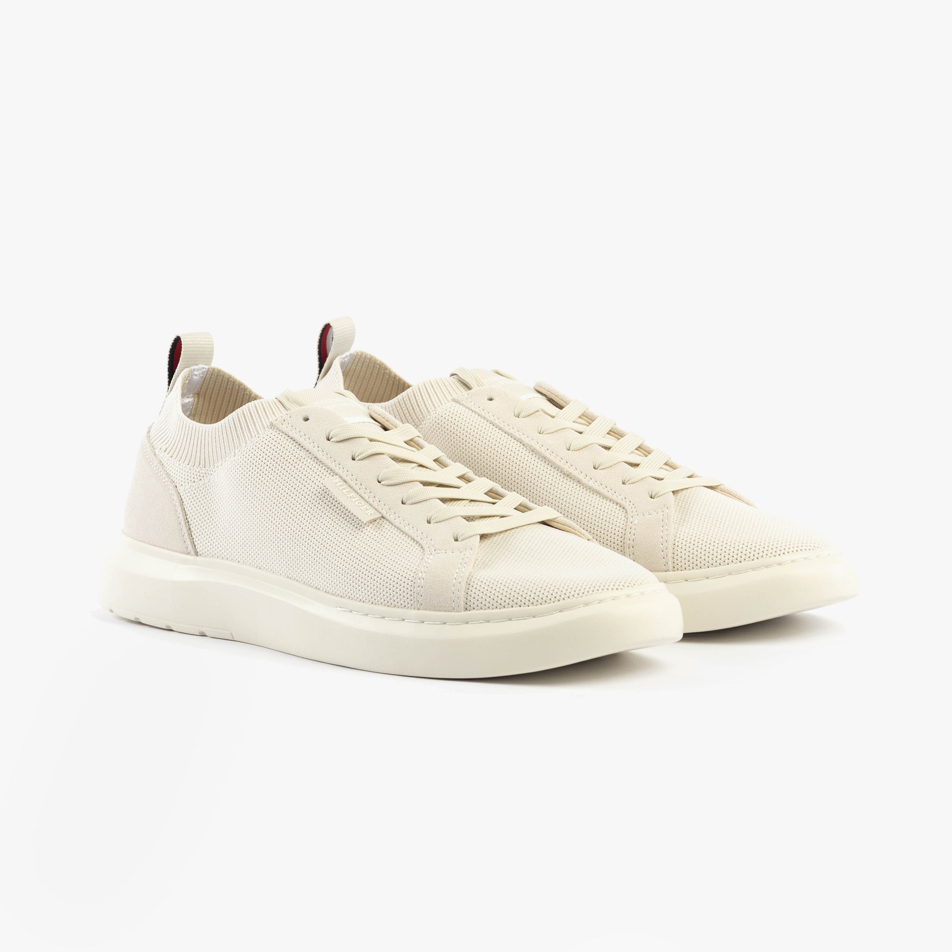 Tommy Hilfiger MONO-SOCK KNIT Mens Trainers Alabaster side view showcasing casual lace-up design.