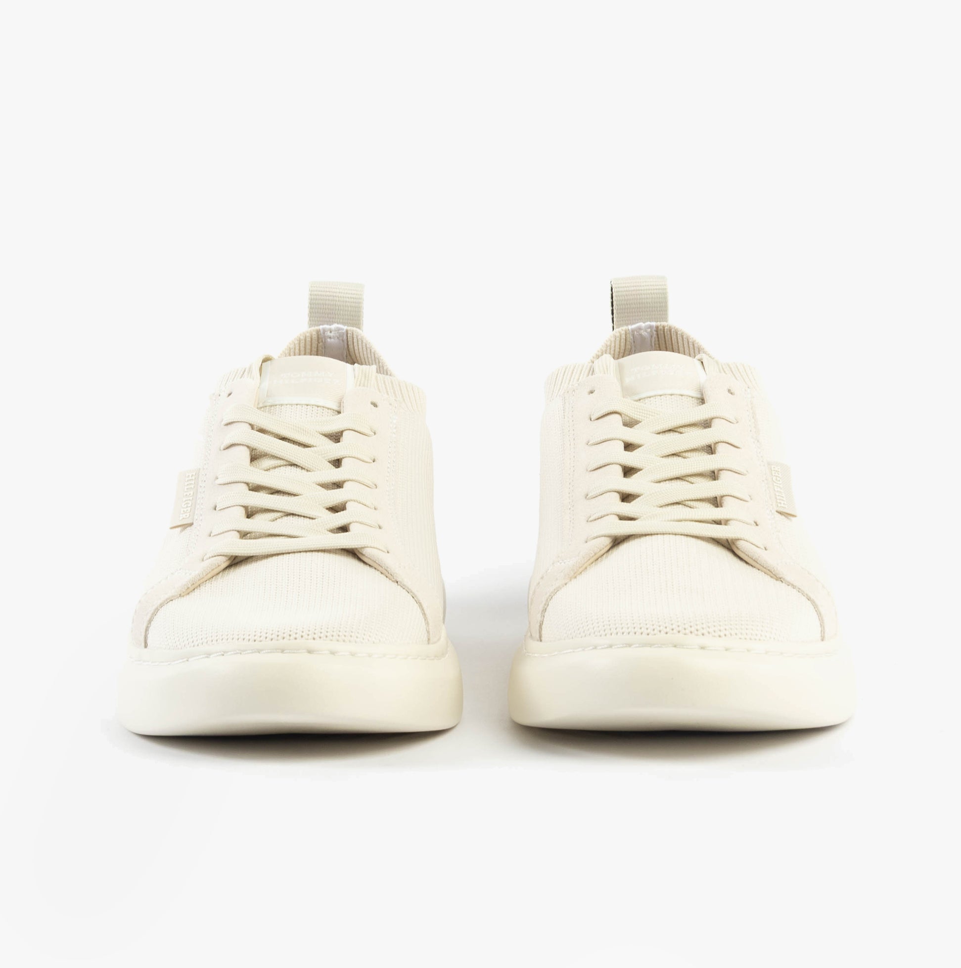 Tommy Hilfiger MONO-SOCK KNIT Mens Trainers Alabaster front view showing lace-up design and casual style.
