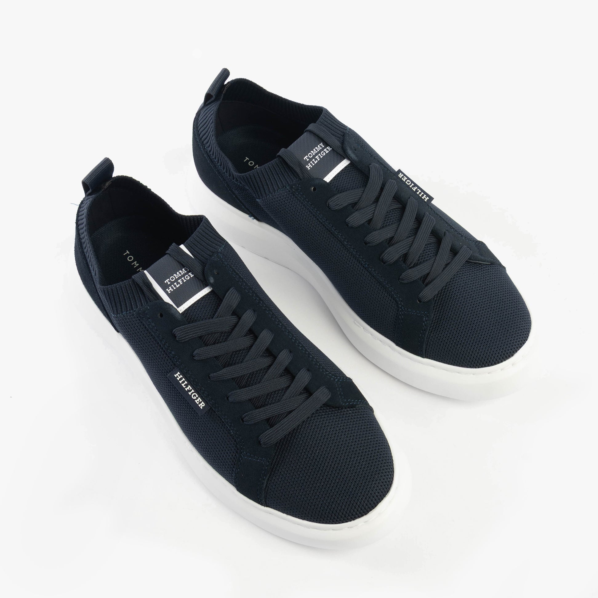 Tommy Hilfiger MONO-SOCK KNIT Mens Trainers Desert Sky top view showing laces and knit design.