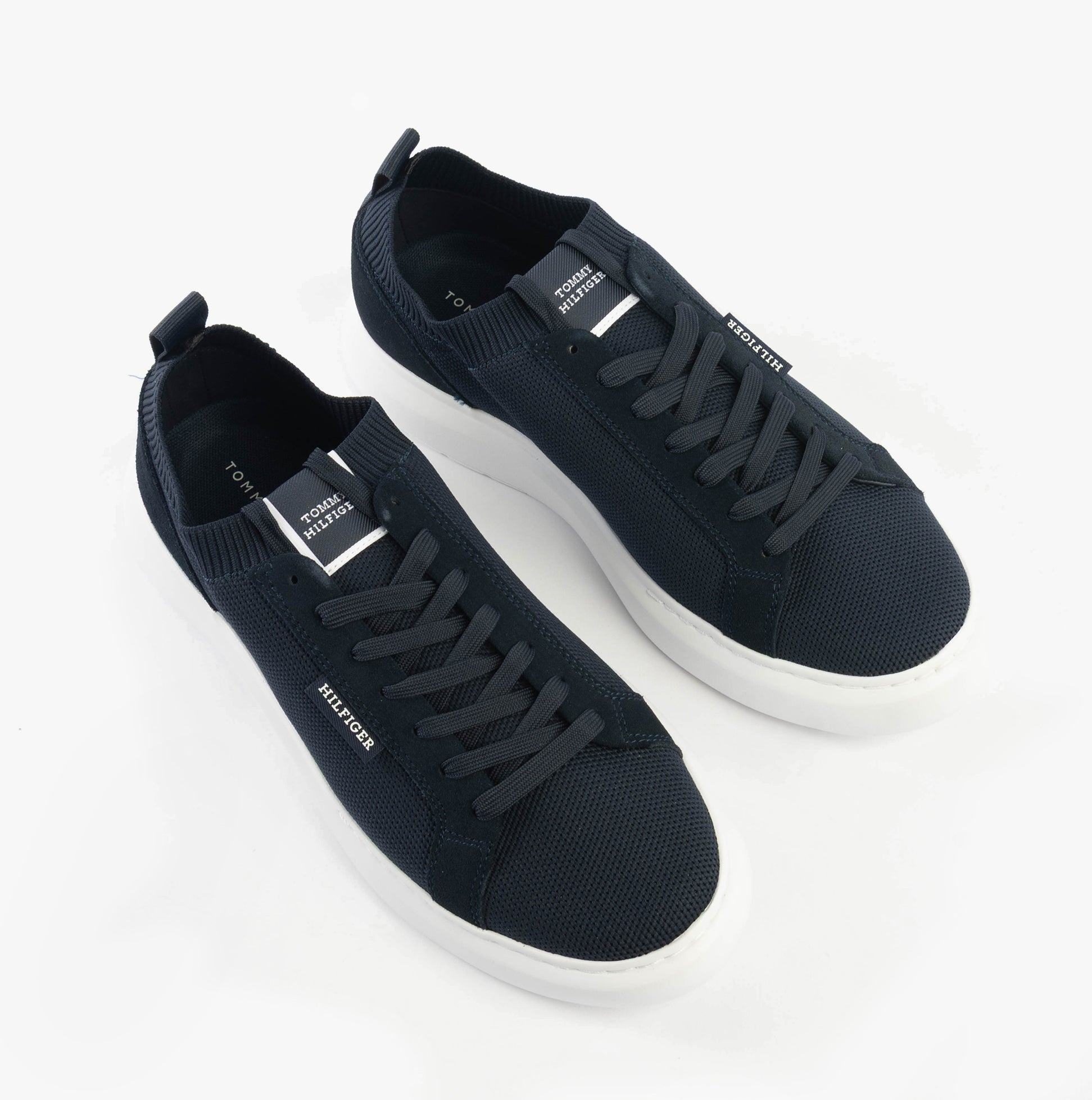 Tommy Hilfiger MONO-SOCK KNIT Mens Trainers Desert Sky top view showing laces and knit design.