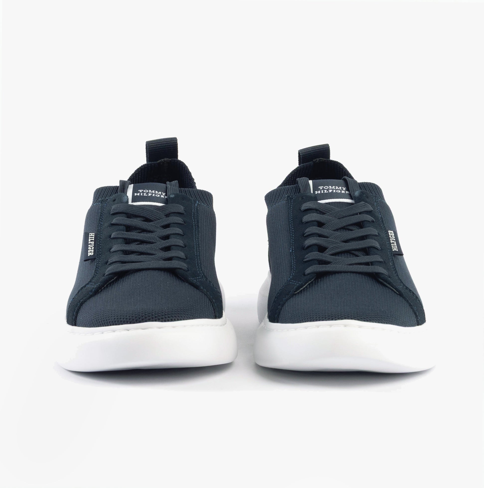 Tommy Hilfiger MONO-SOCK KNIT Mens Trainers Desert Sky front view, low top casual trainers with lace-up closure and round toe.
