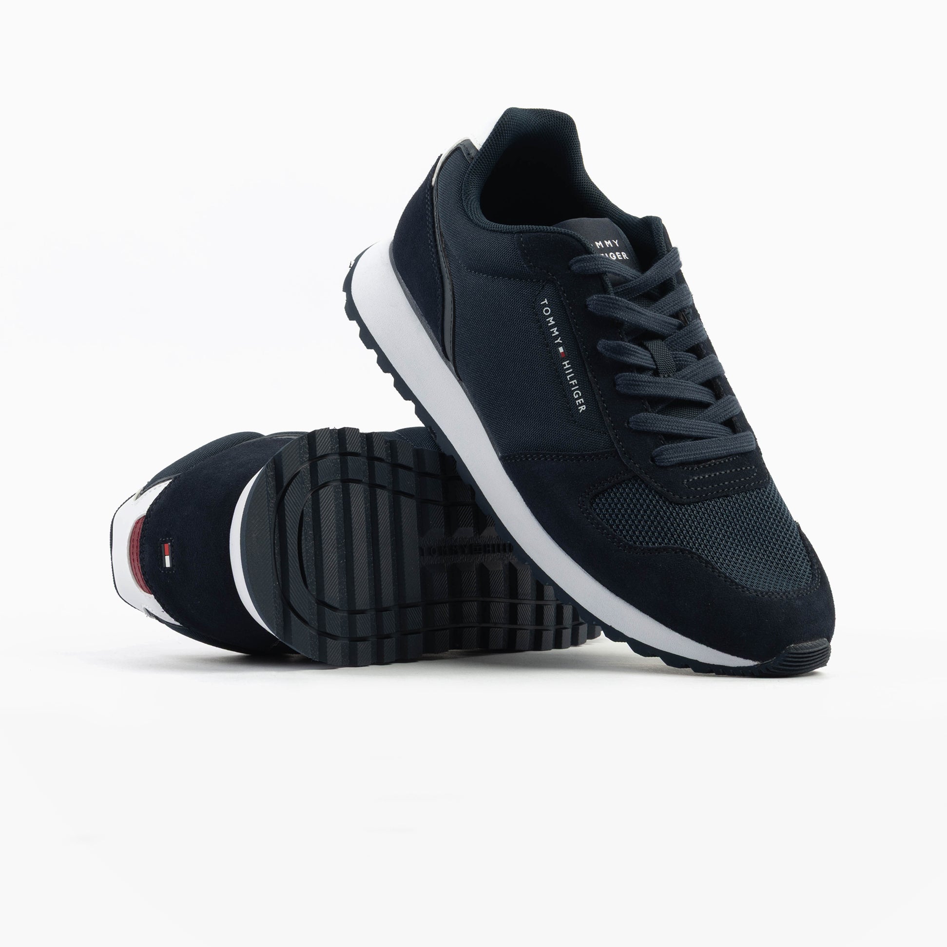 Tommy Hilfiger ESSENTIAL MIXED TEXTURE Mens Trainers Desert Sky side view with lace-up closure and rubber sole.