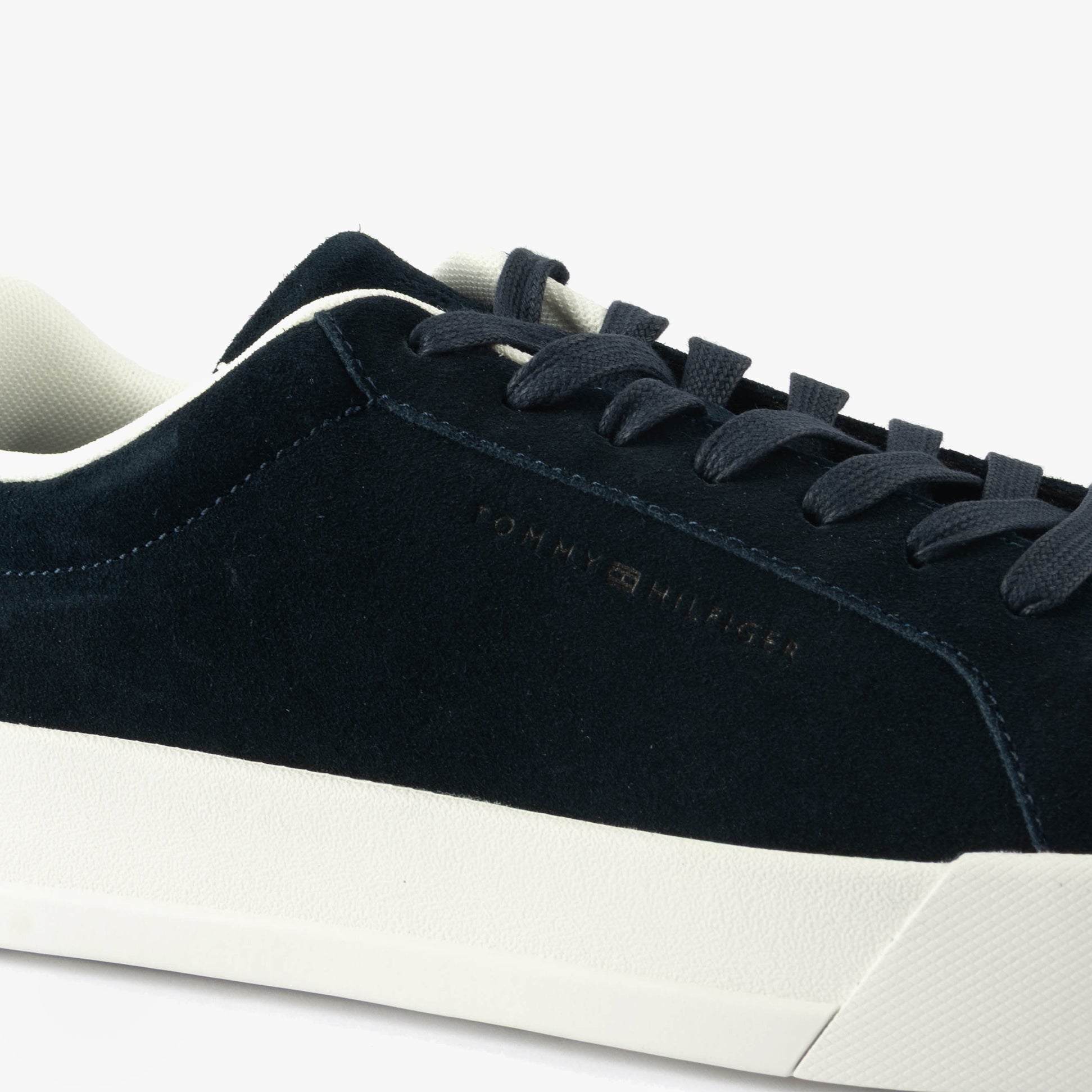 Tommy Hilfiger TH COURT BETTER SUEDE Mens Trainers Desert Sky detail view of the navy suede upper and lace-up closure.