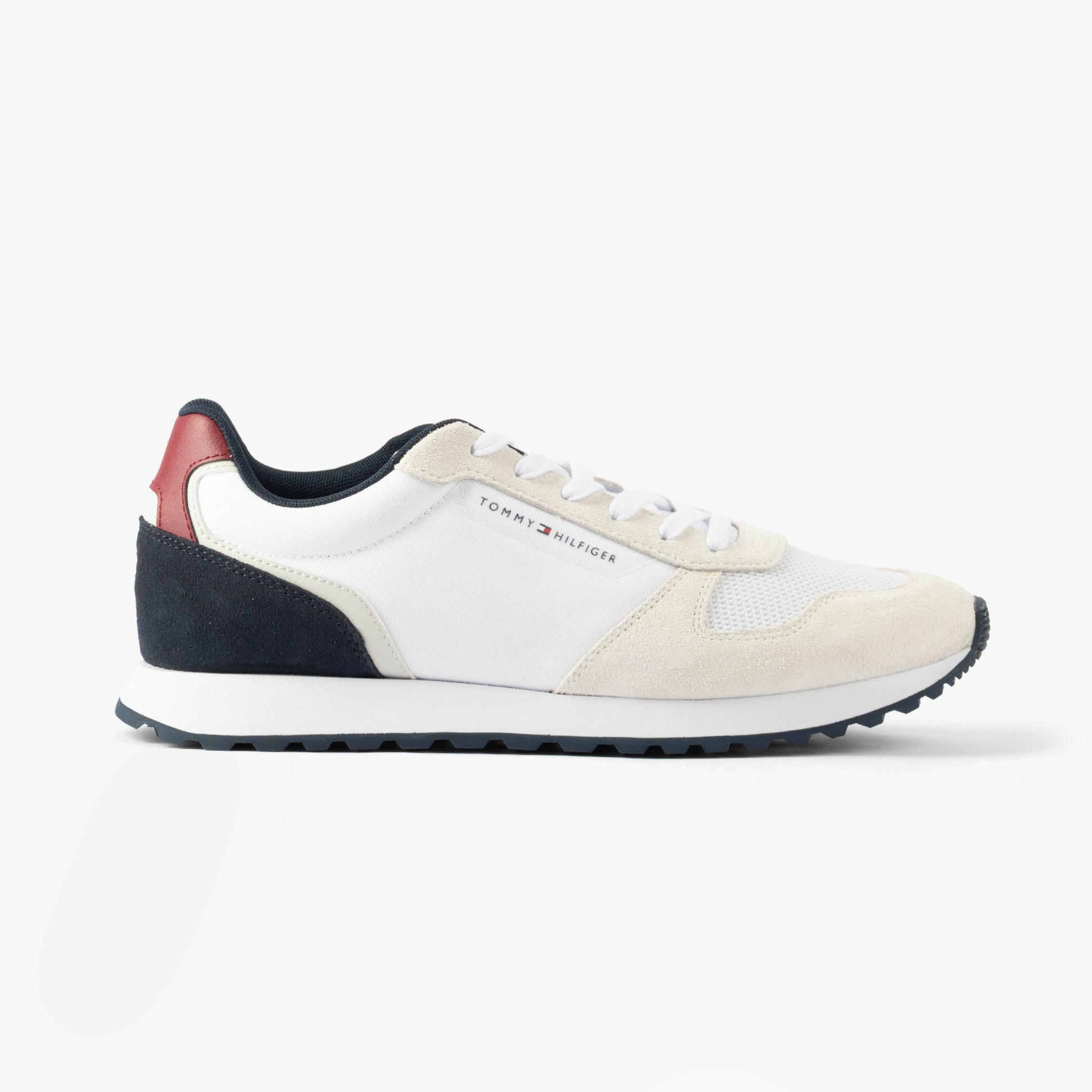 Tommy Hilfiger NEW RUNNER EVA MIX Mens Trainers White side view showcasing suede and textile materials.