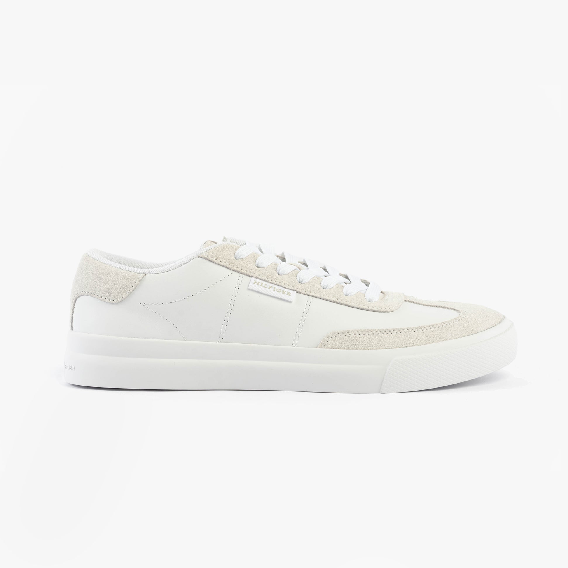 Tommy Hilfiger SUEDE CONTRAST CUPSOLE Mens Trainers White side view with suede and rubber sole.