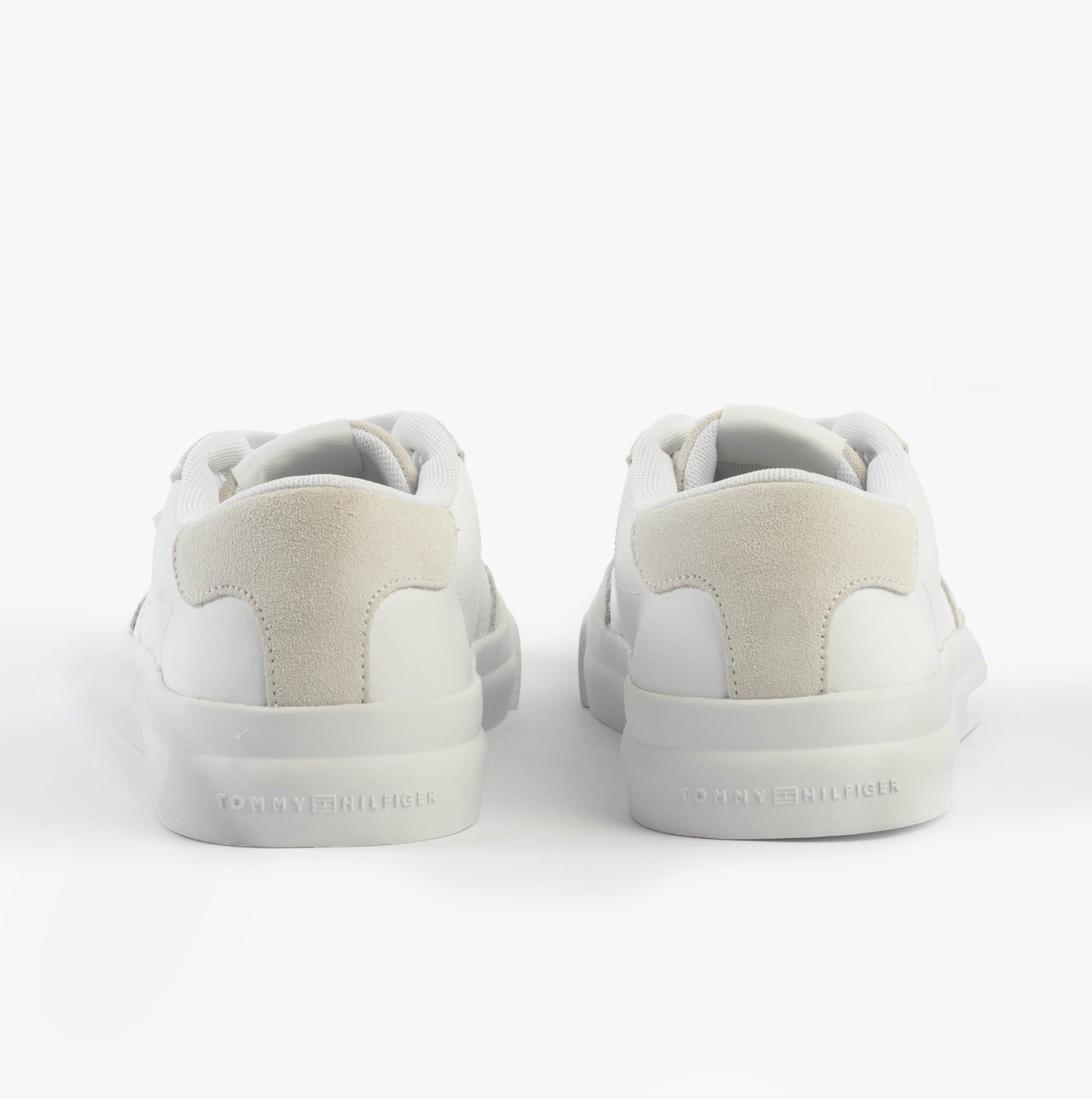 Tommy Hilfiger SUEDE CONTRAST CUPSOLE Mens Trainers White rear view showing suede and rubber details.